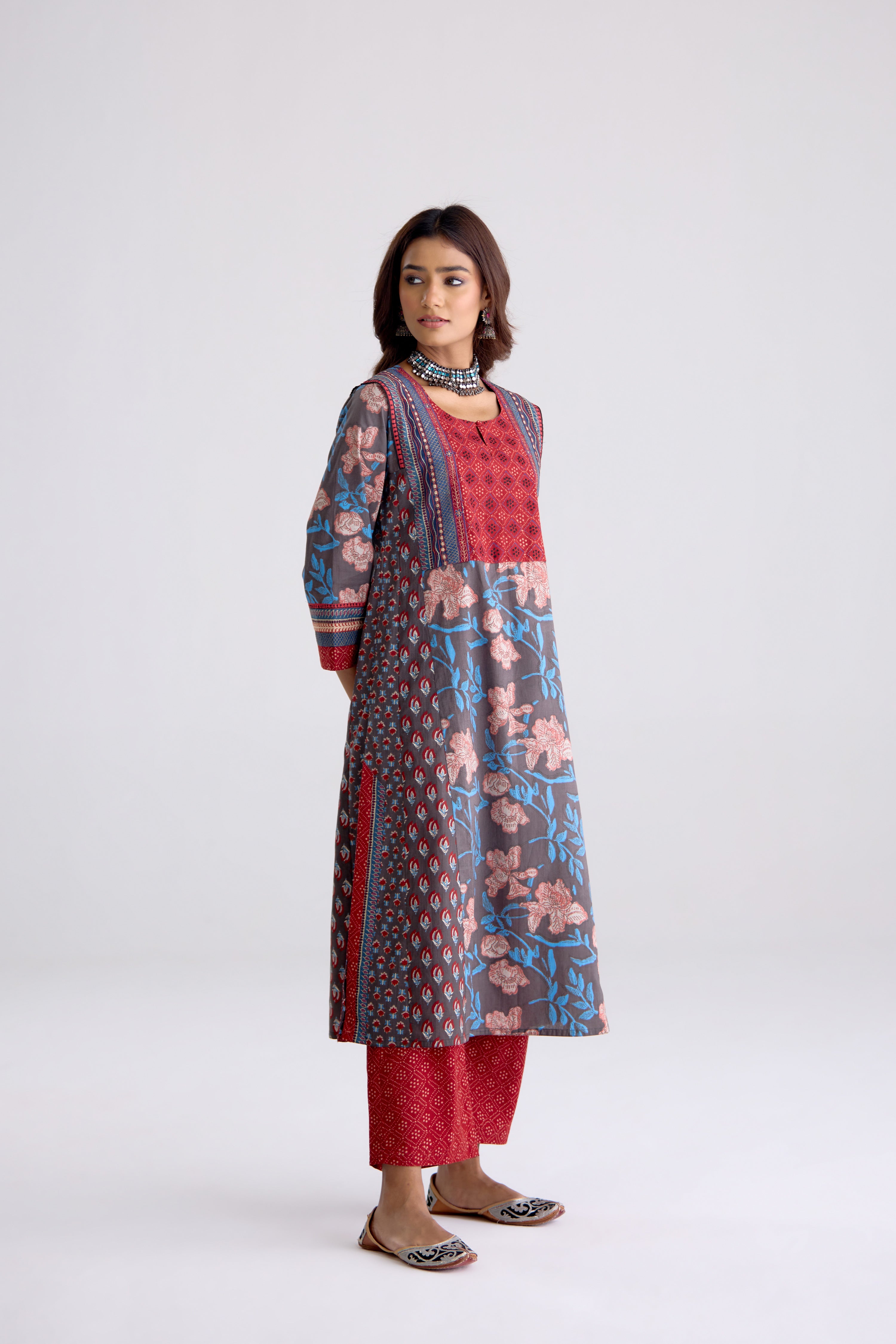 Adya Cotton Hand Block Printed Kurta Grey Maroon (10104461754667)