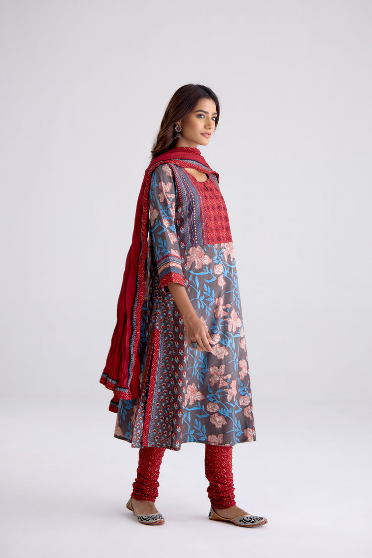 Adya Cotton Hand Block Printed Kurta Grey Maroon (10104461754667)