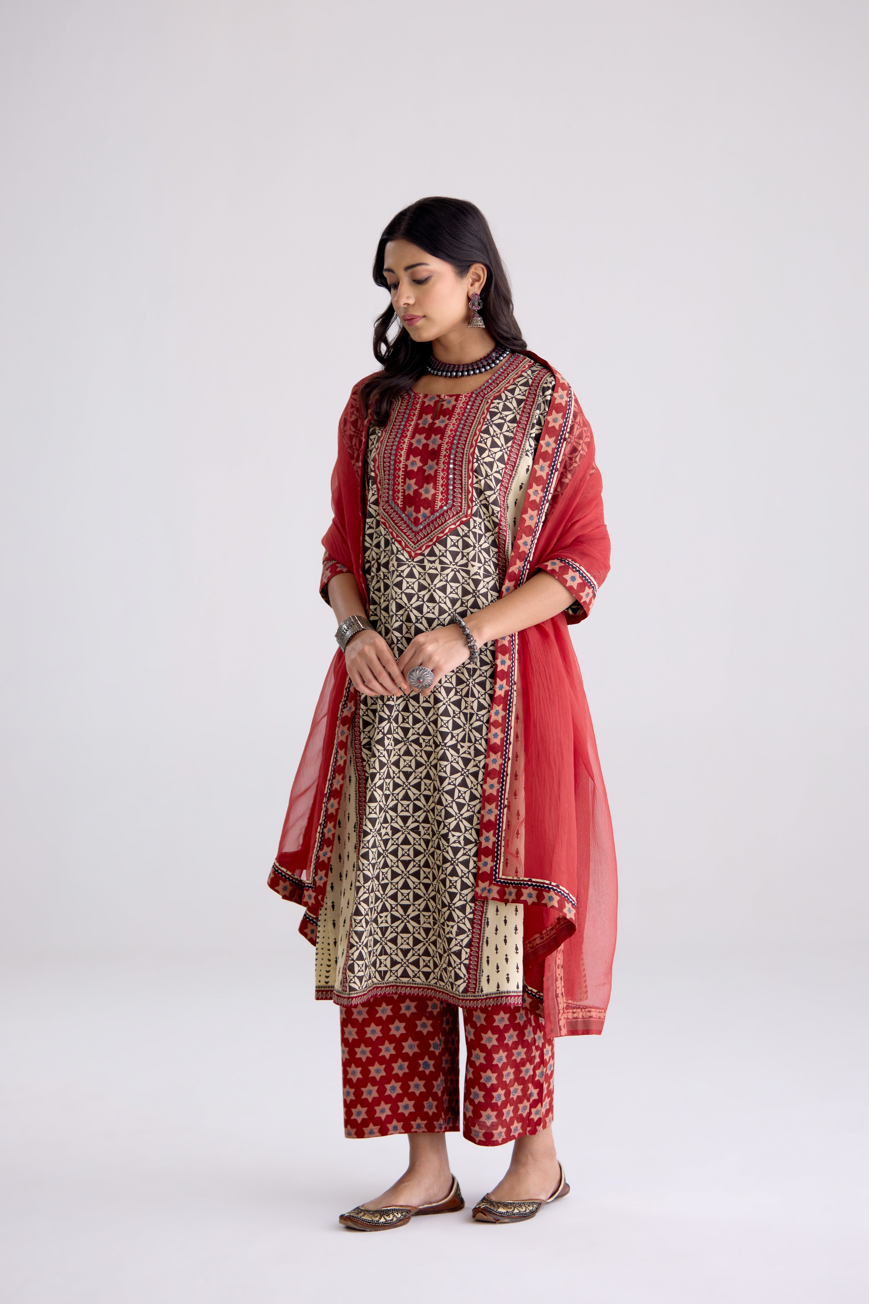 Adya Cotton Hand Block Printed Kurta Black Beige (10104262754603)