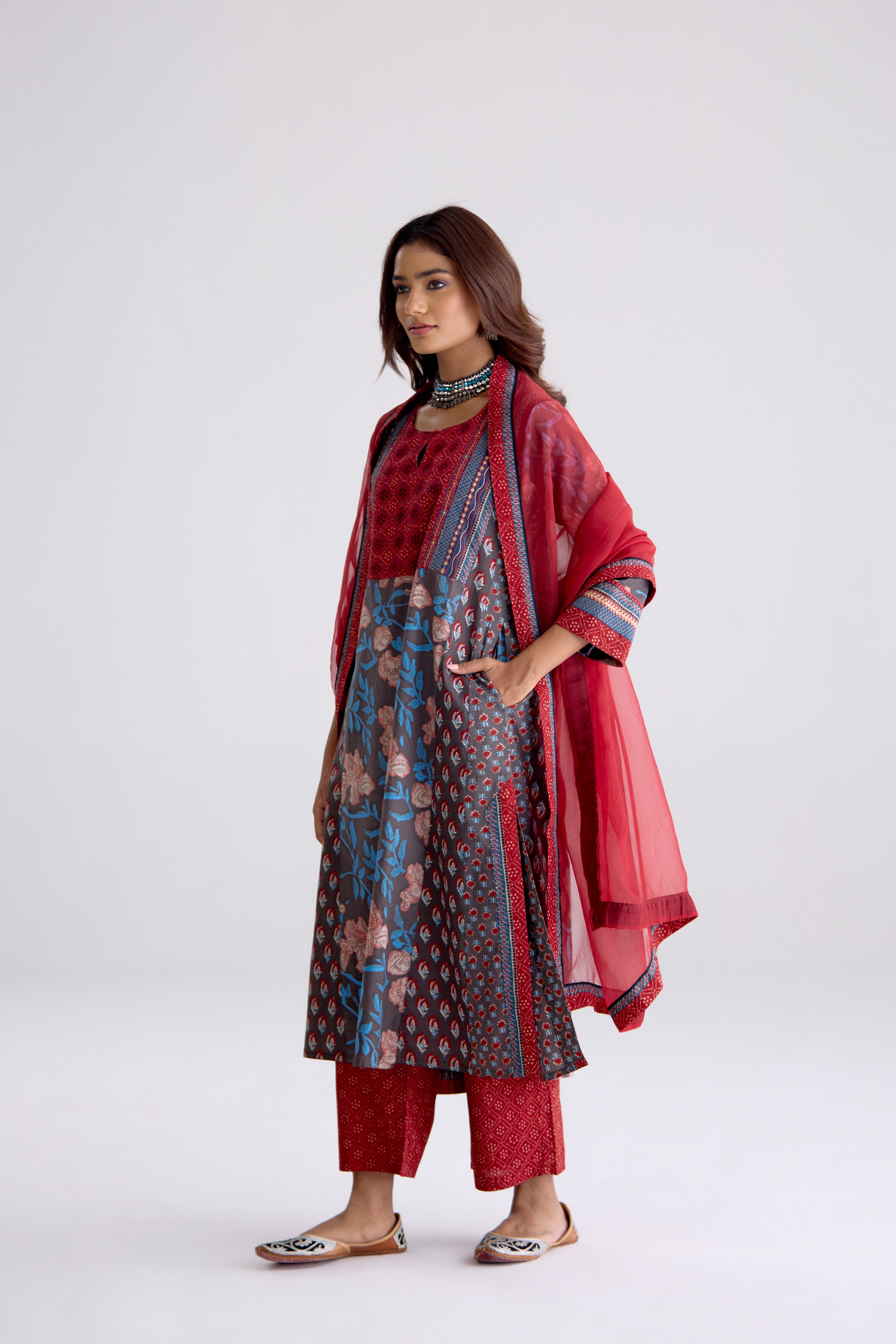 Adya Cotton Hand Block Printed Kurta Grey Maroon (10104461754667)
