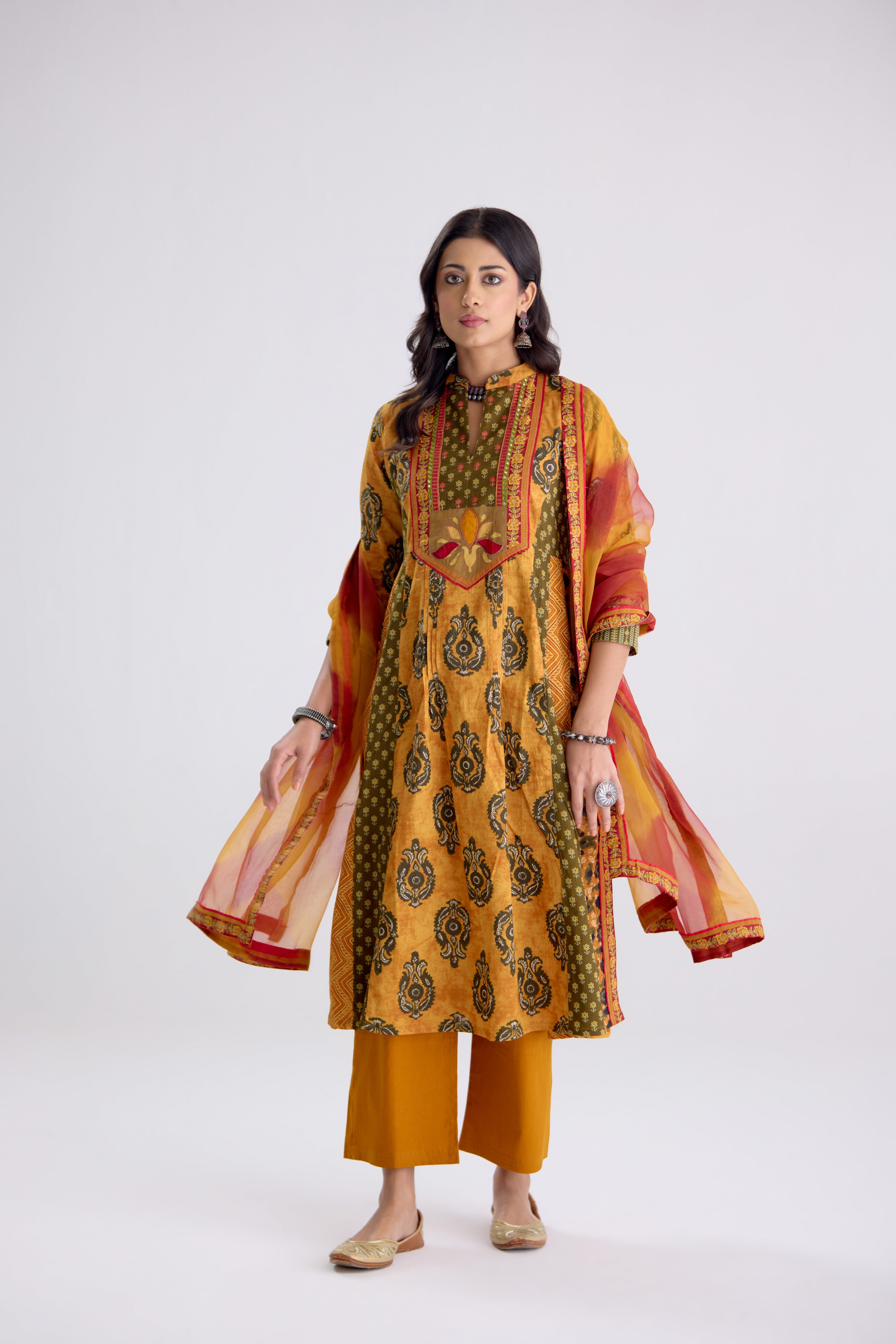 Anarkali Collar Cotton Printed Kurta Mustard (10104502354219)