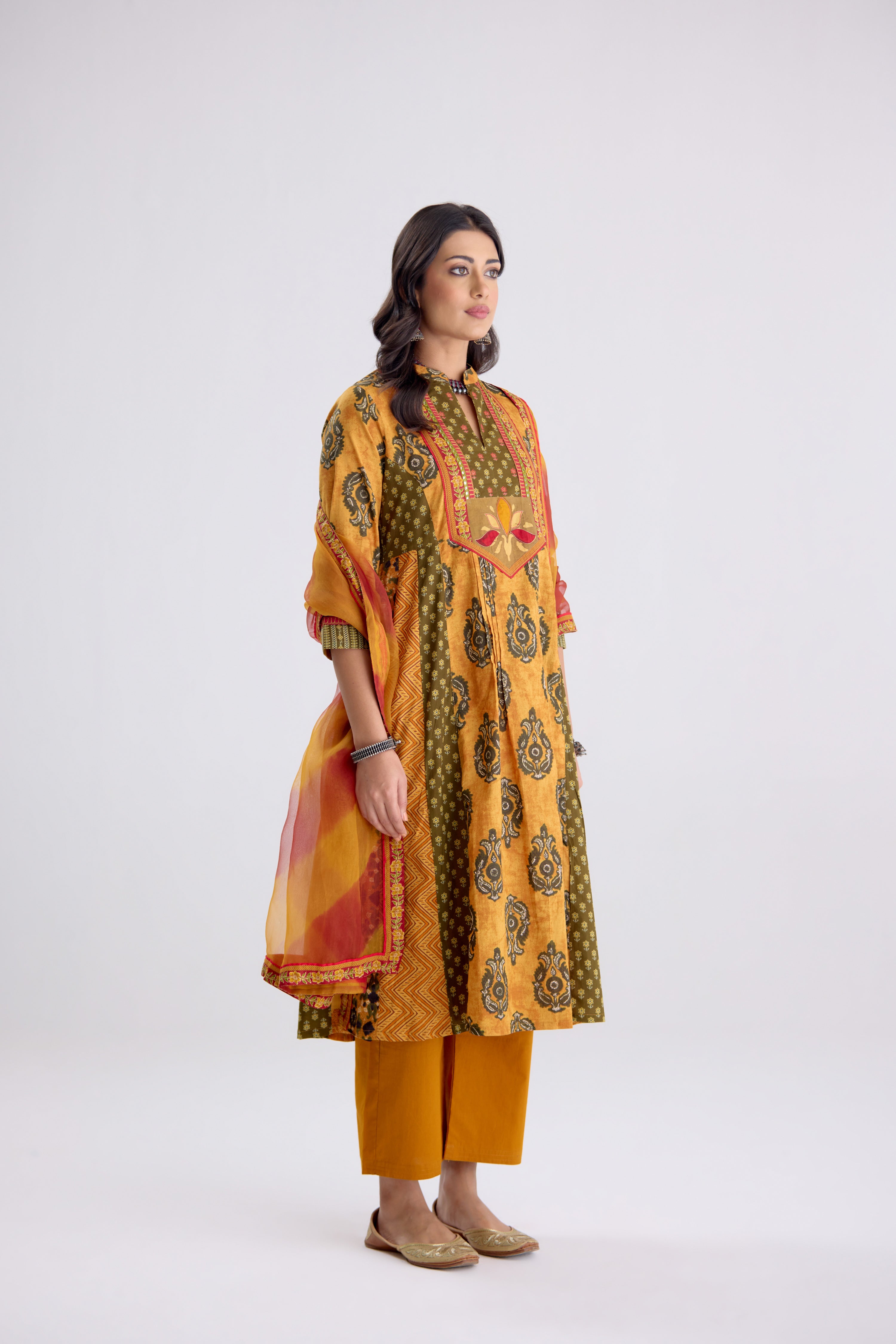 Anarkali Collar Cotton Printed Kurta Mustard (10104502354219)