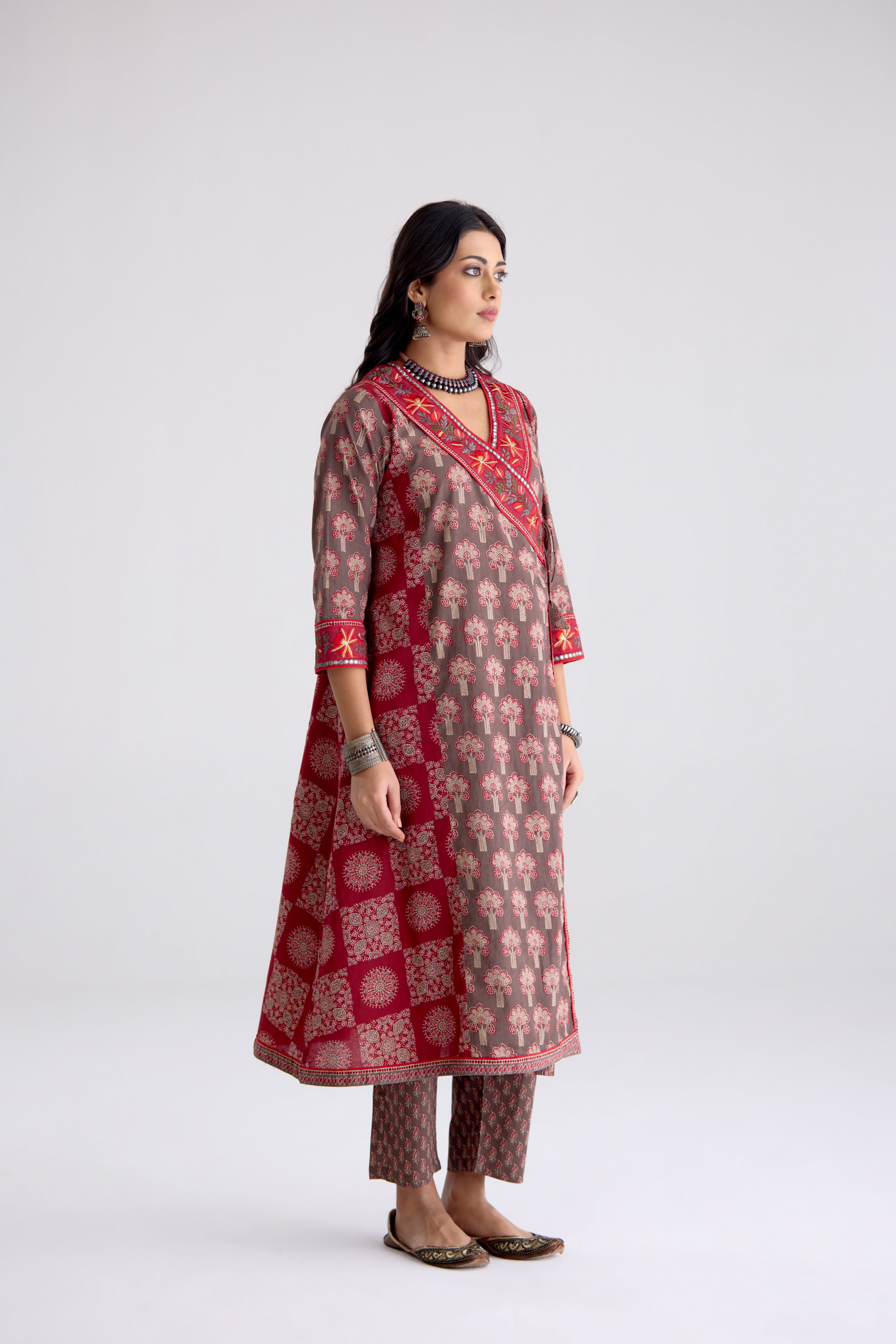 Kiana Cotton Printed Kurta Grey Maroon (10106312884523)