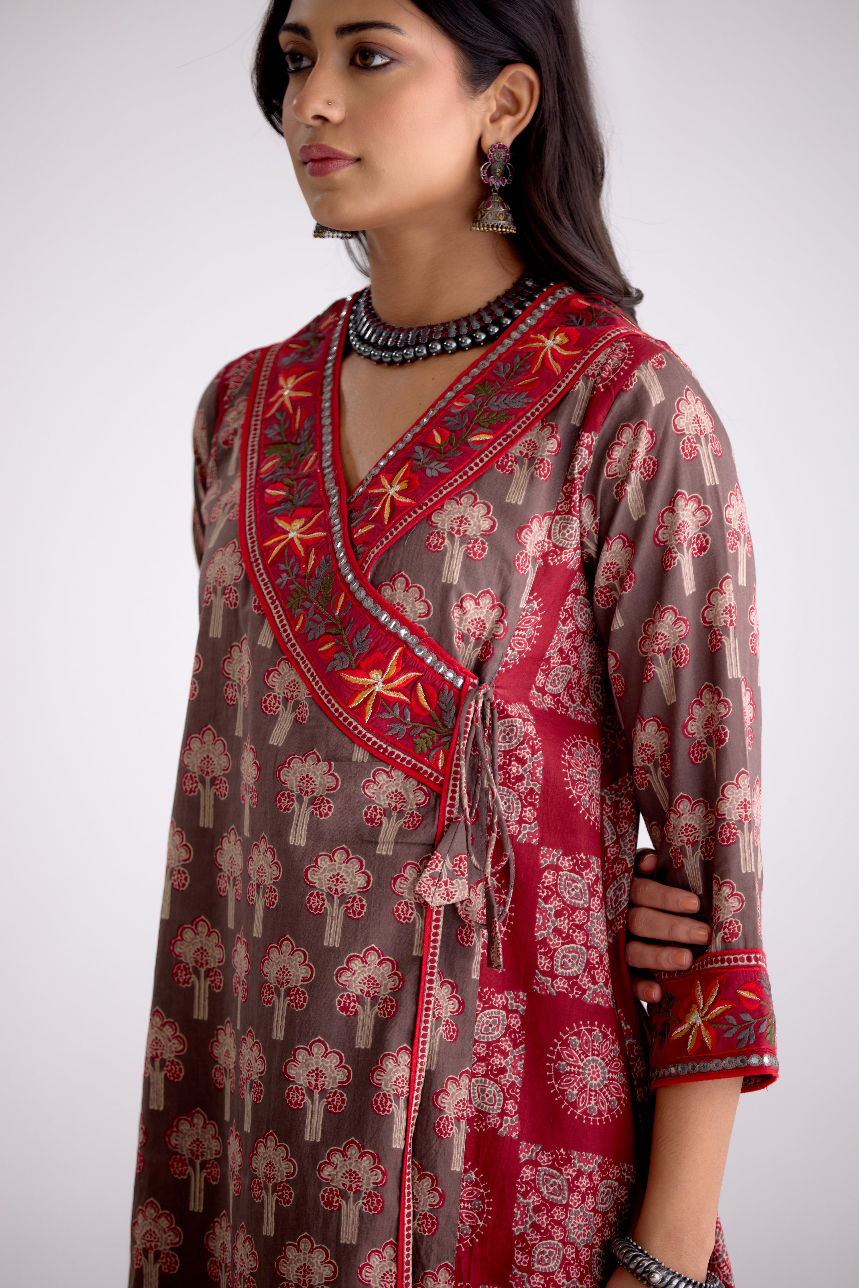 Kiana Cotton Printed Kurta Grey Maroon (10106312884523)