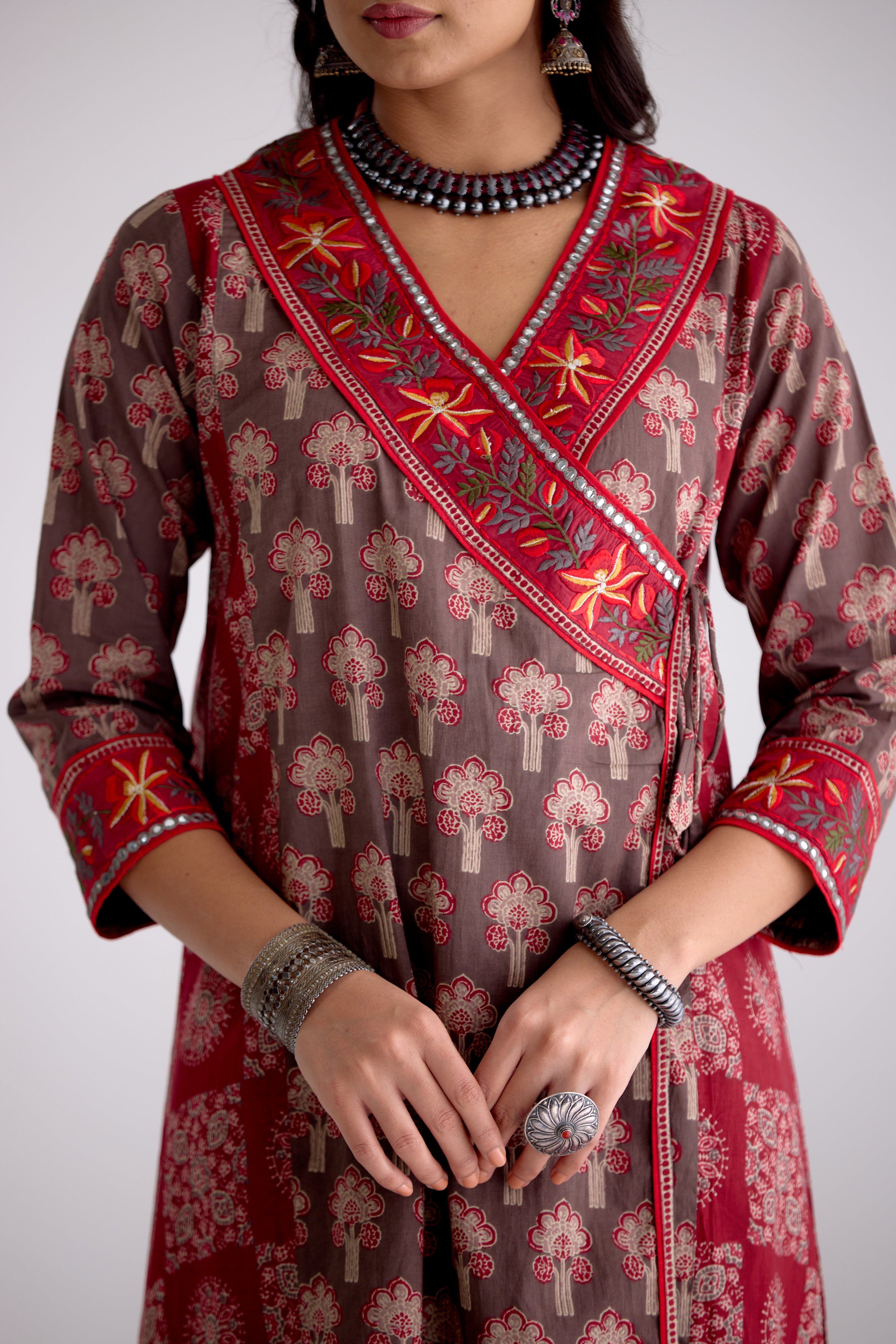 Kiana Cotton Printed Kurta Grey Maroon (10106312884523)