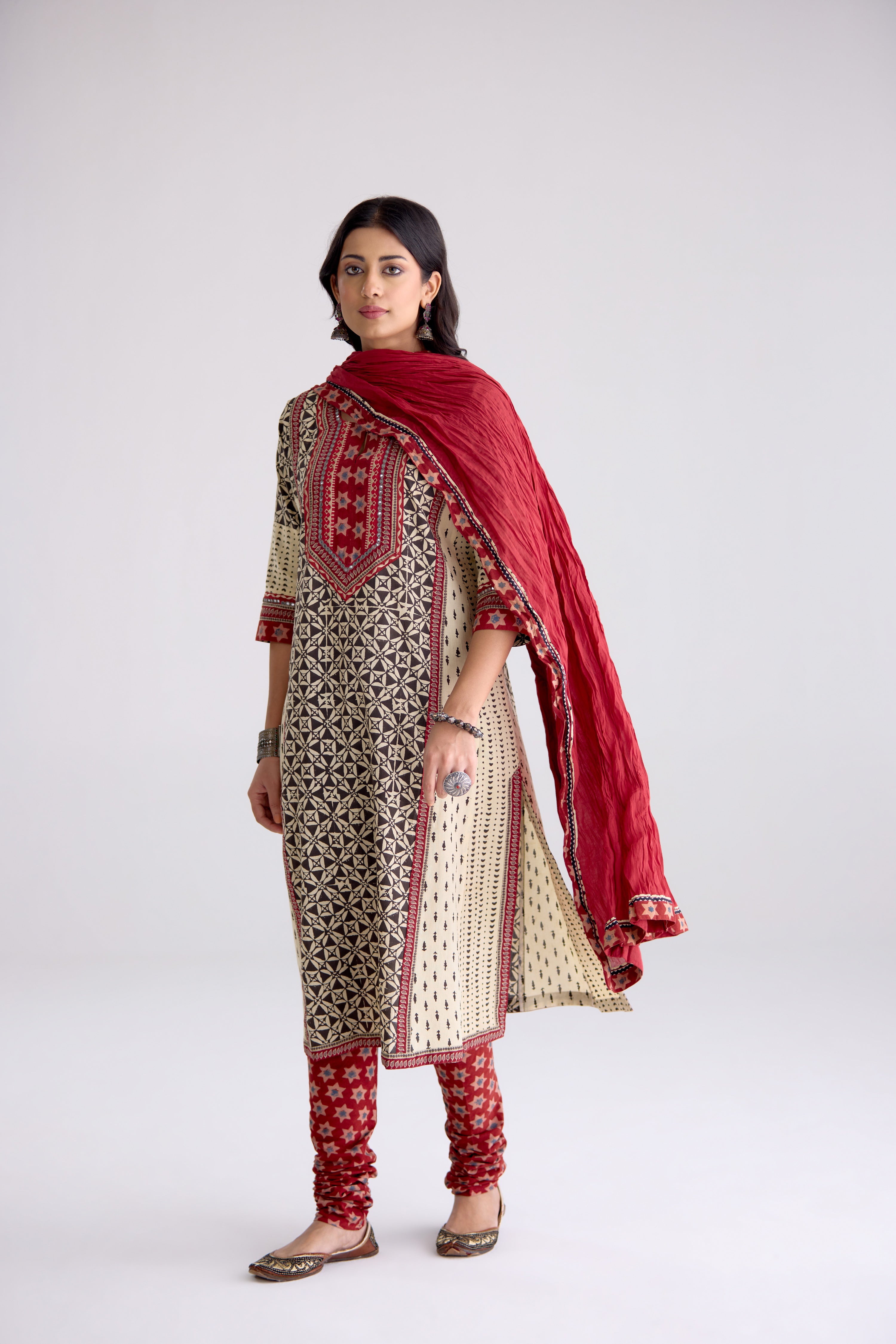 Adya Cotton Hand Block Printed Kurta Black Beige (10104262754603)