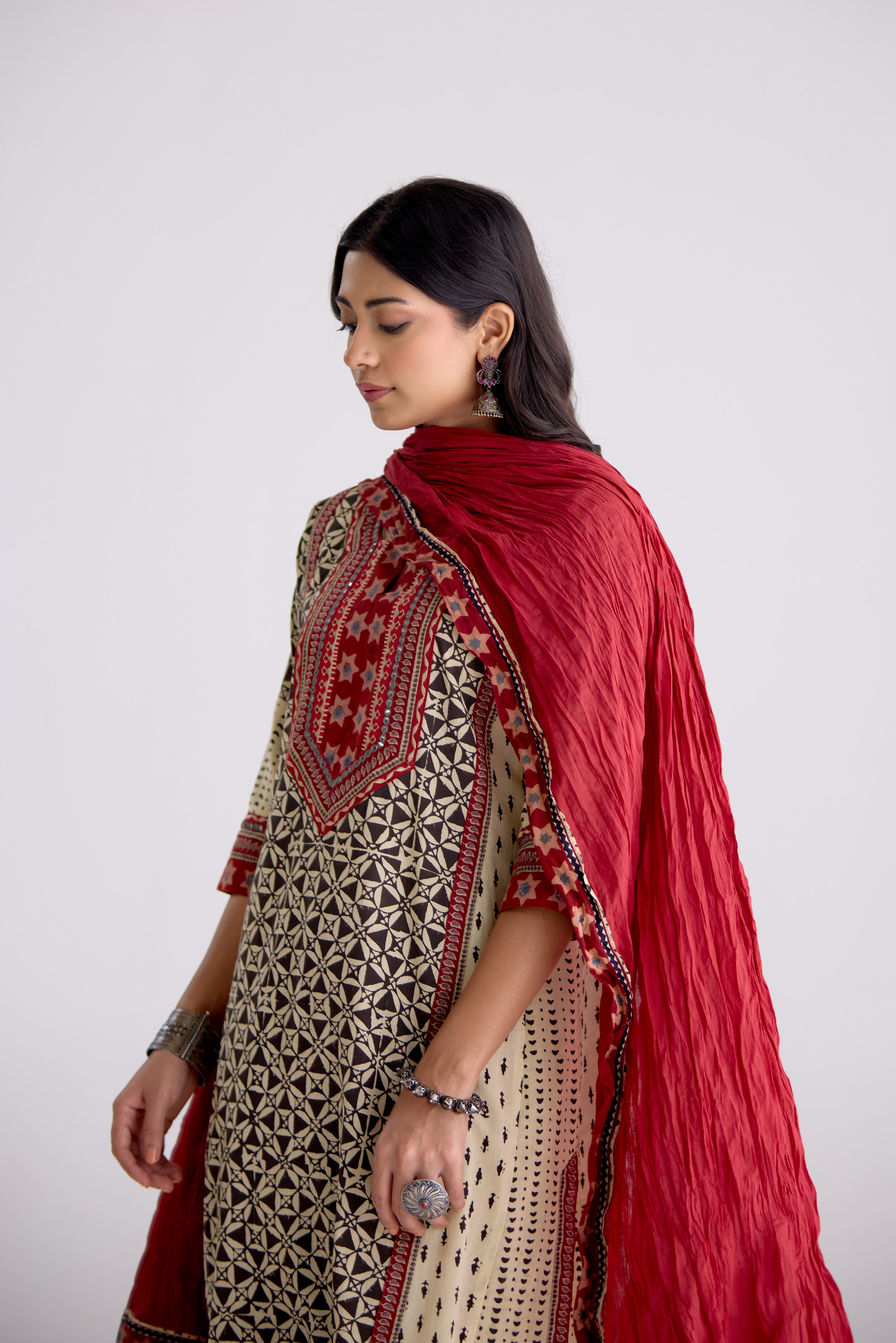 Adya Cotton Hand Block Printed Kurta Black Beige (10104262754603)