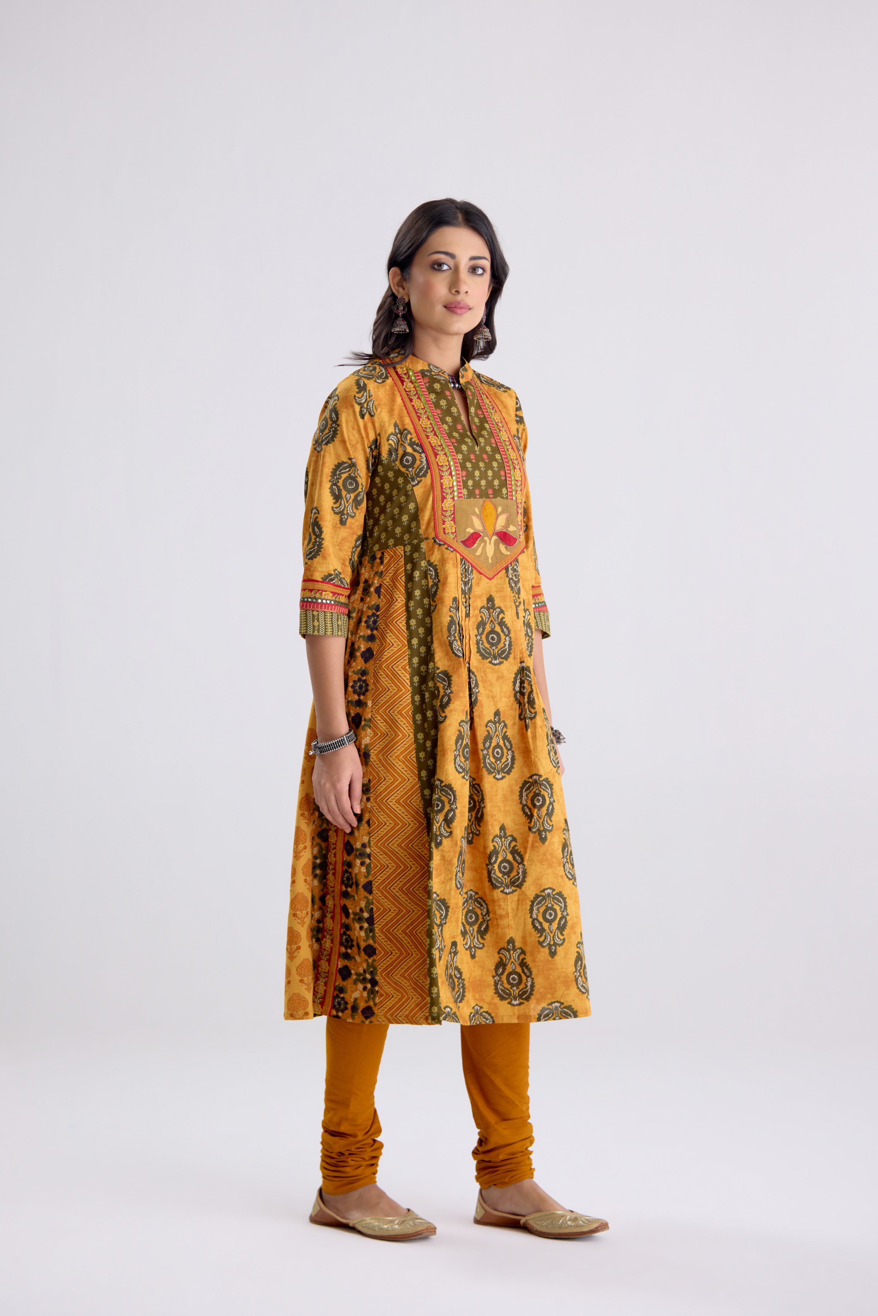 Anarkali Collar Cotton Printed Kurta Mustard (10104502354219)
