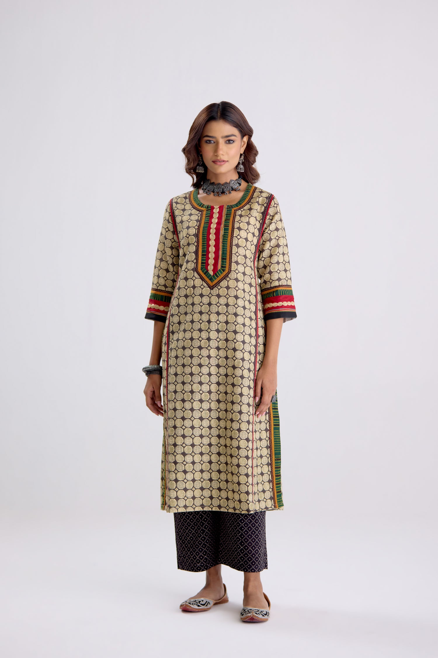 Rozana Linen Printed Kurta Beige Black (10104274026795)