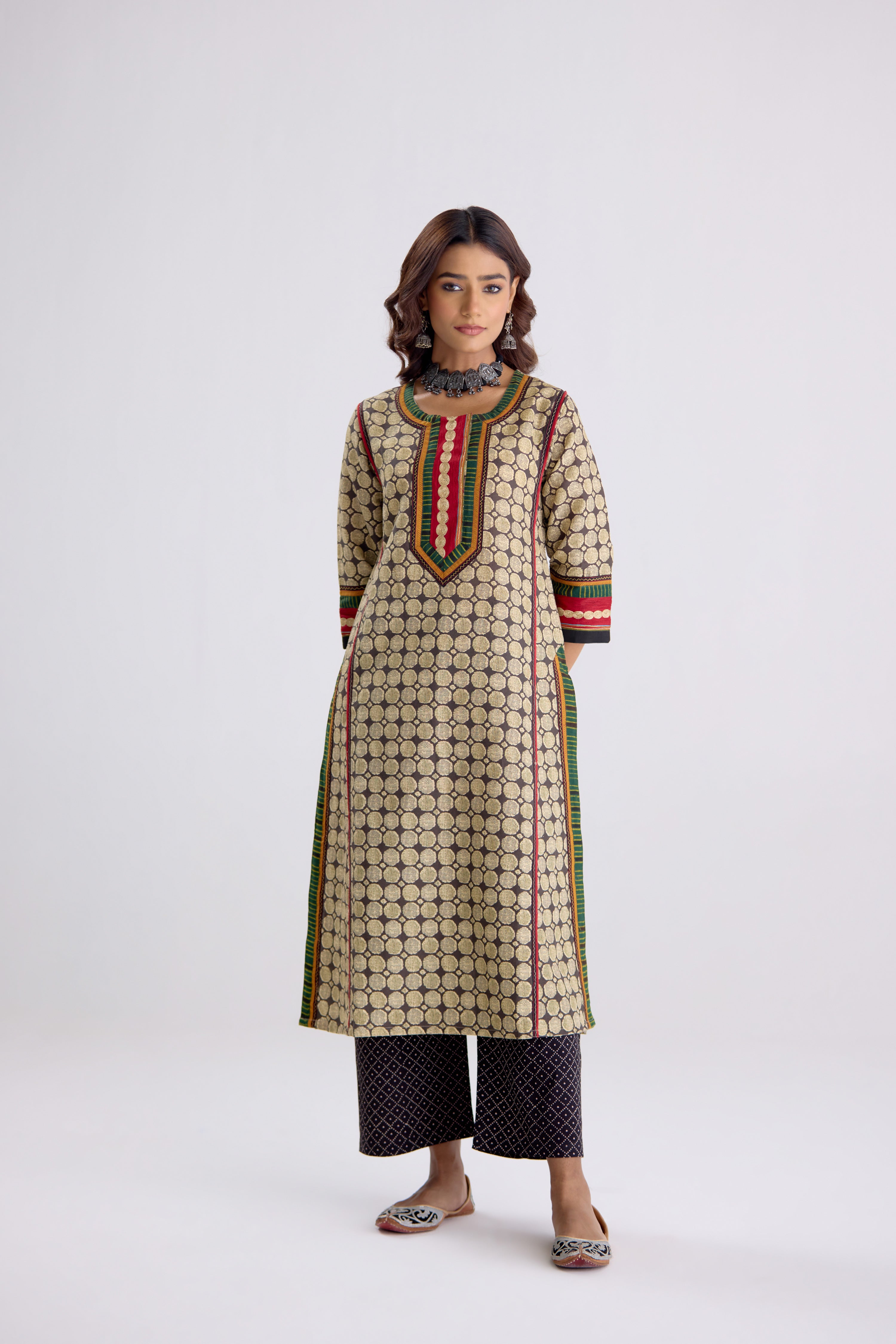 Rozana Linen Printed Kurta Beige Black (10104274026795)