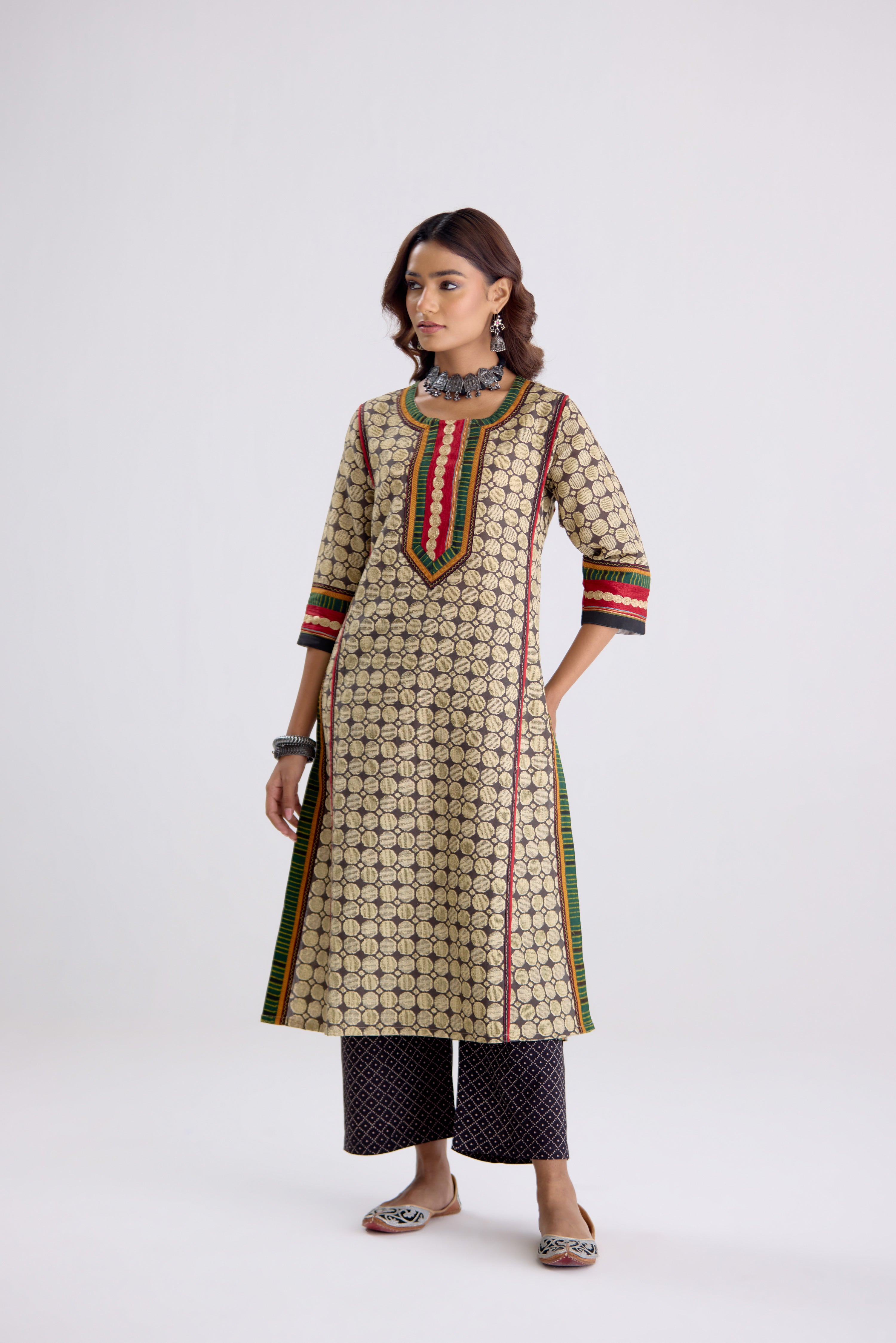 Rozana Linen Printed Kurta Beige Black (10104274026795)