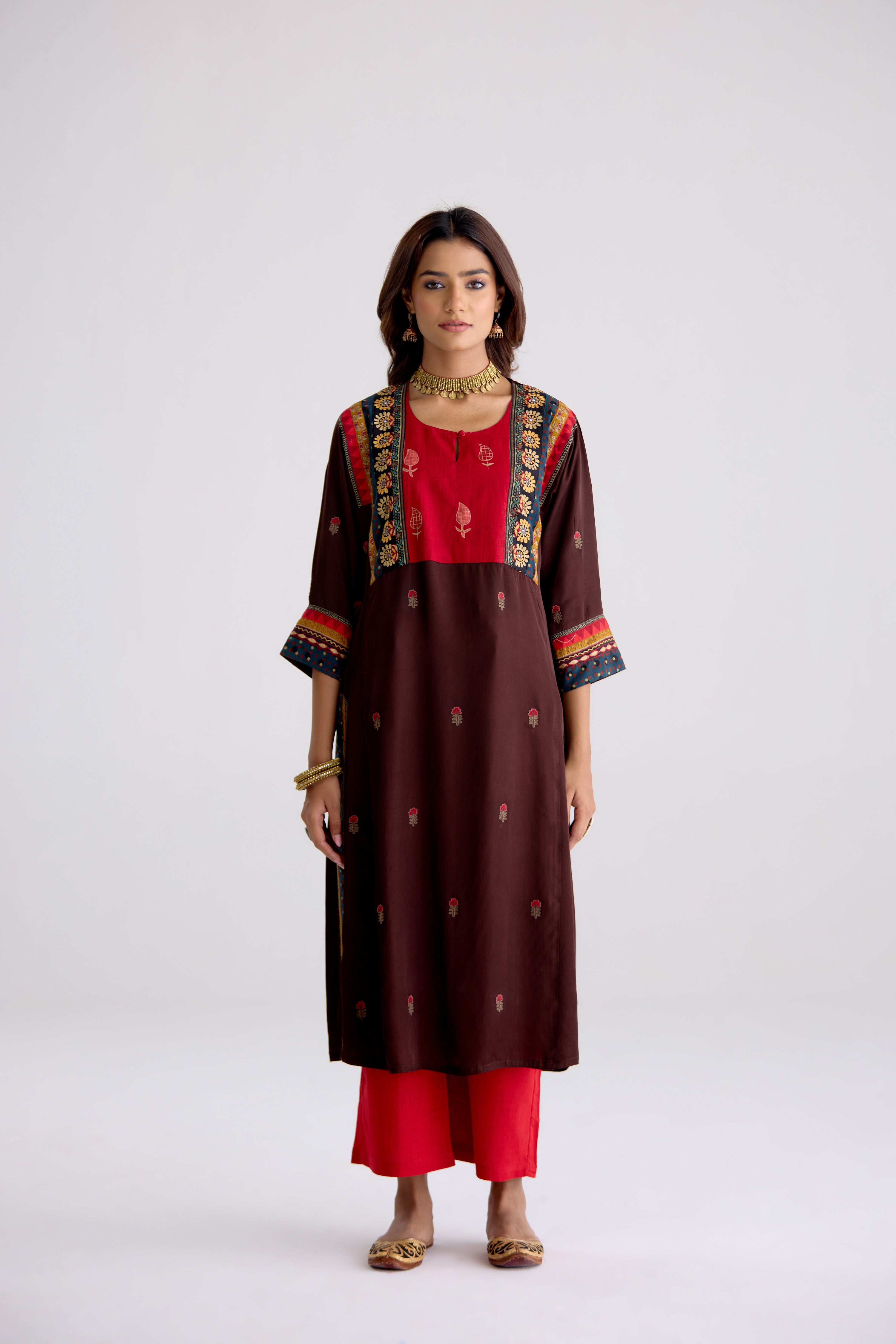 Rozana Modal Silk Embroidered Kurta Brown (10104248598827)