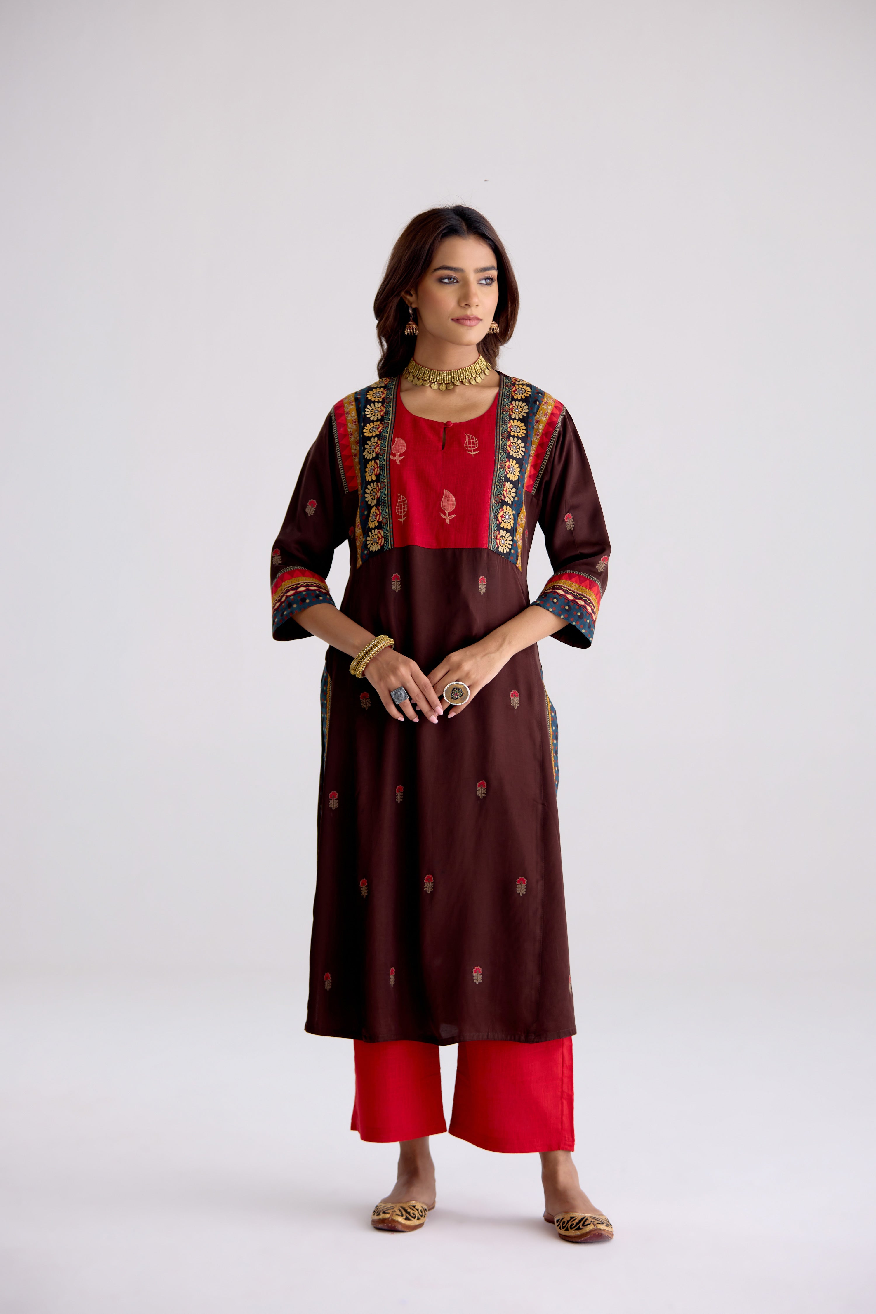 Rozana Modal Silk Embroidered Kurta Brown (10104248598827)
