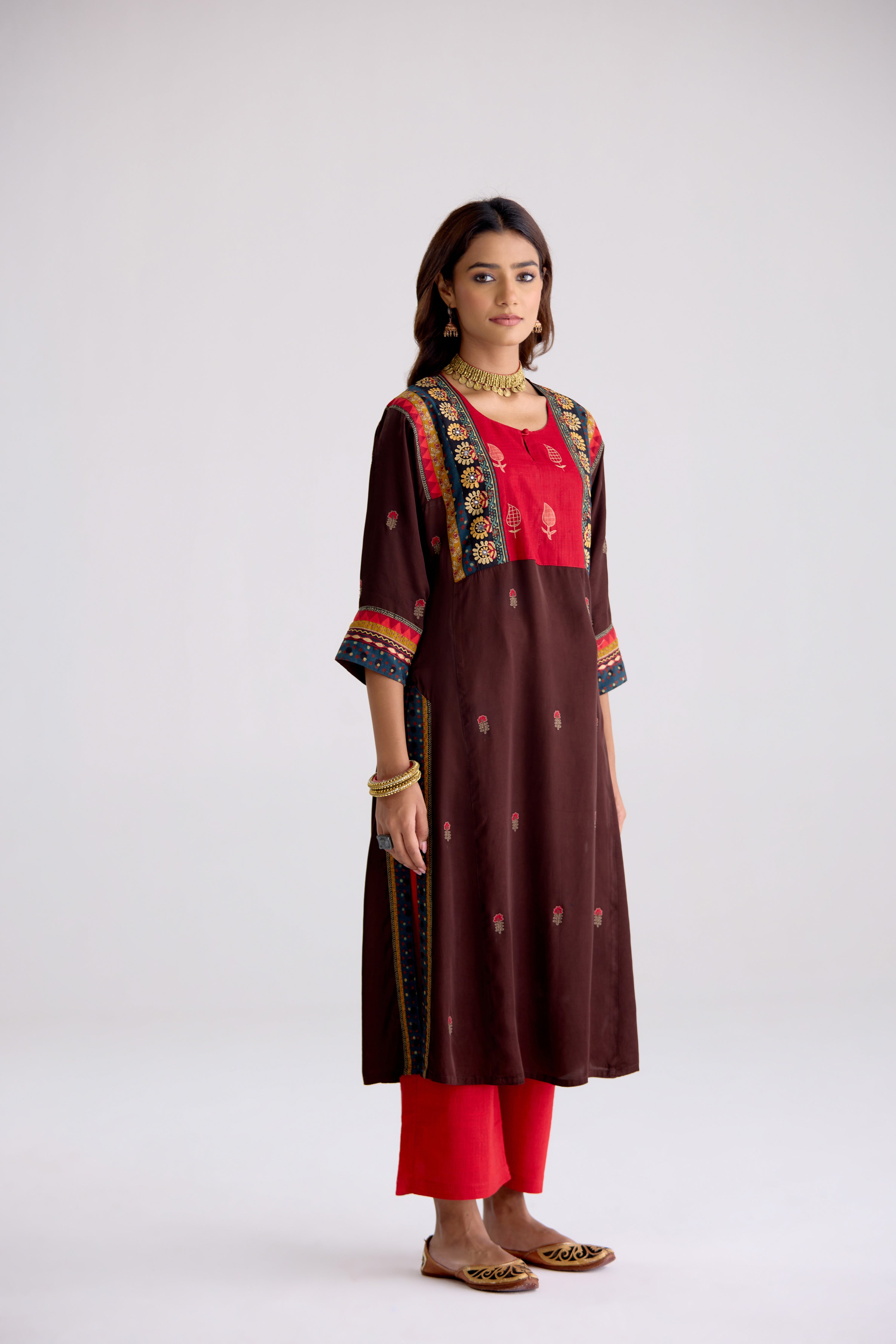 Rozana Modal Silk Embroidered Kurta Brown (10104248598827)