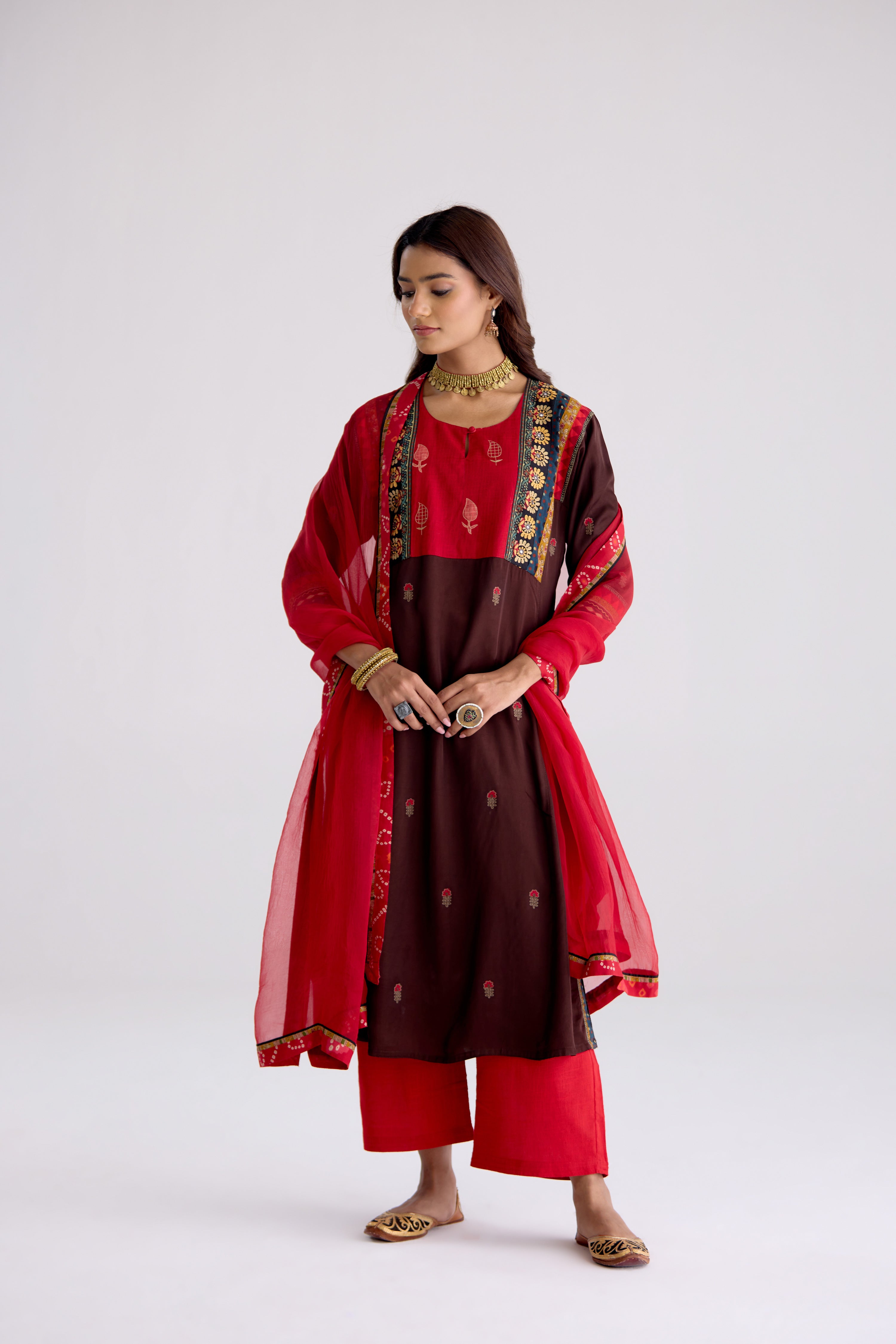 Rozana Modal Silk Embroidered Kurta Brown (10104248598827)