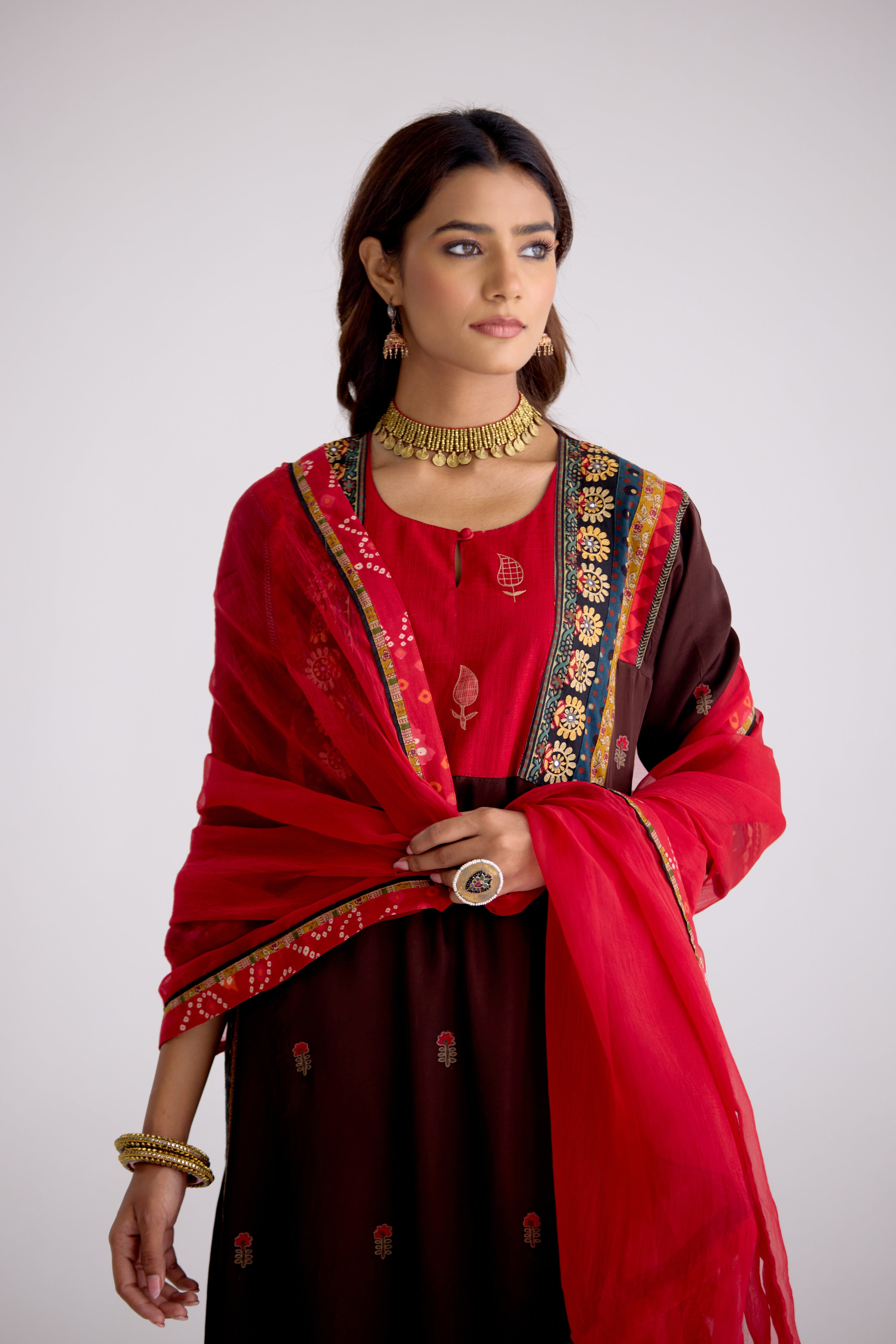 Rozana Modal Silk Embroidered Kurta Brown (10104248598827)