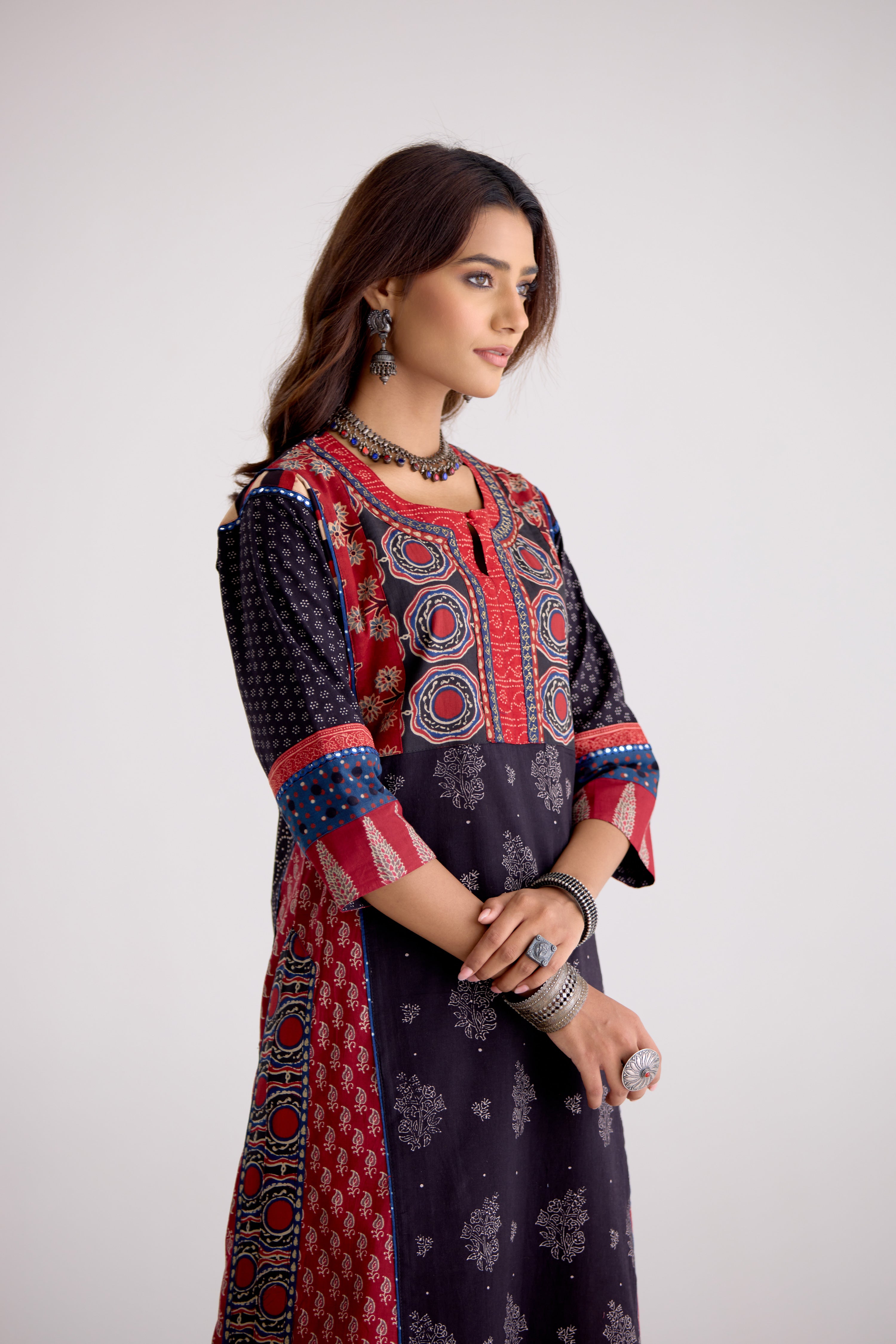 Rozana Cotton Ajrakh Printed Kurta Black (10104282579243)