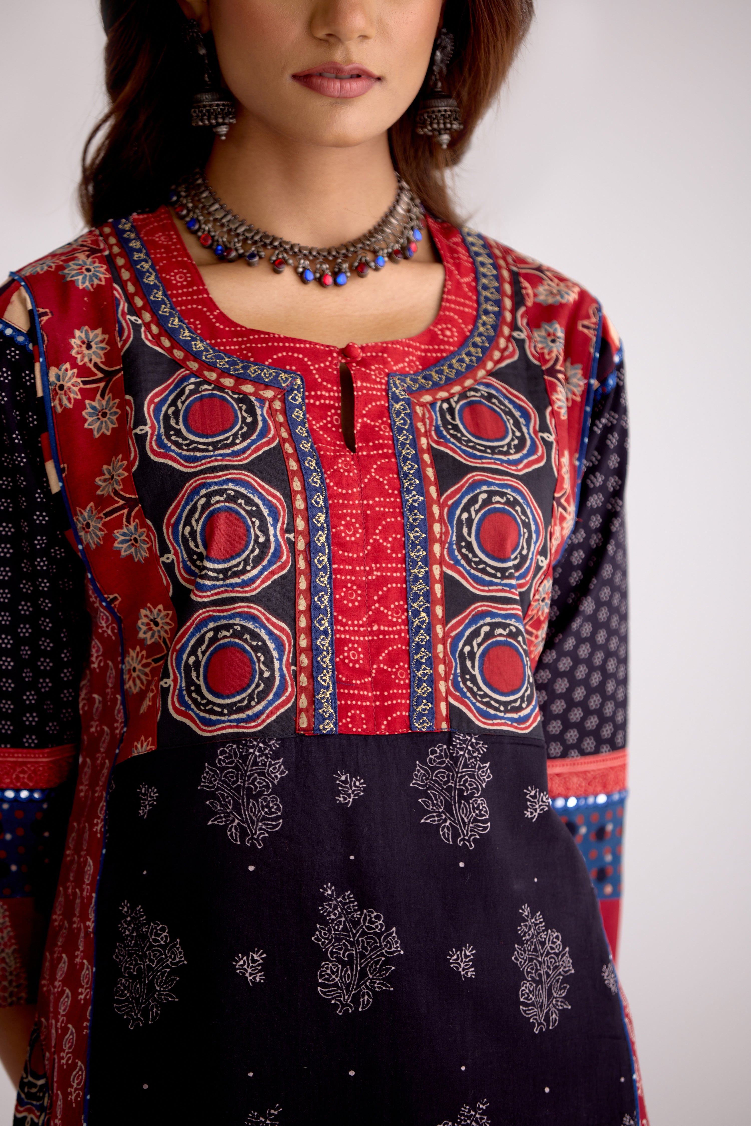Rozana Cotton Ajrakh Printed Kurta Black (10104282579243)