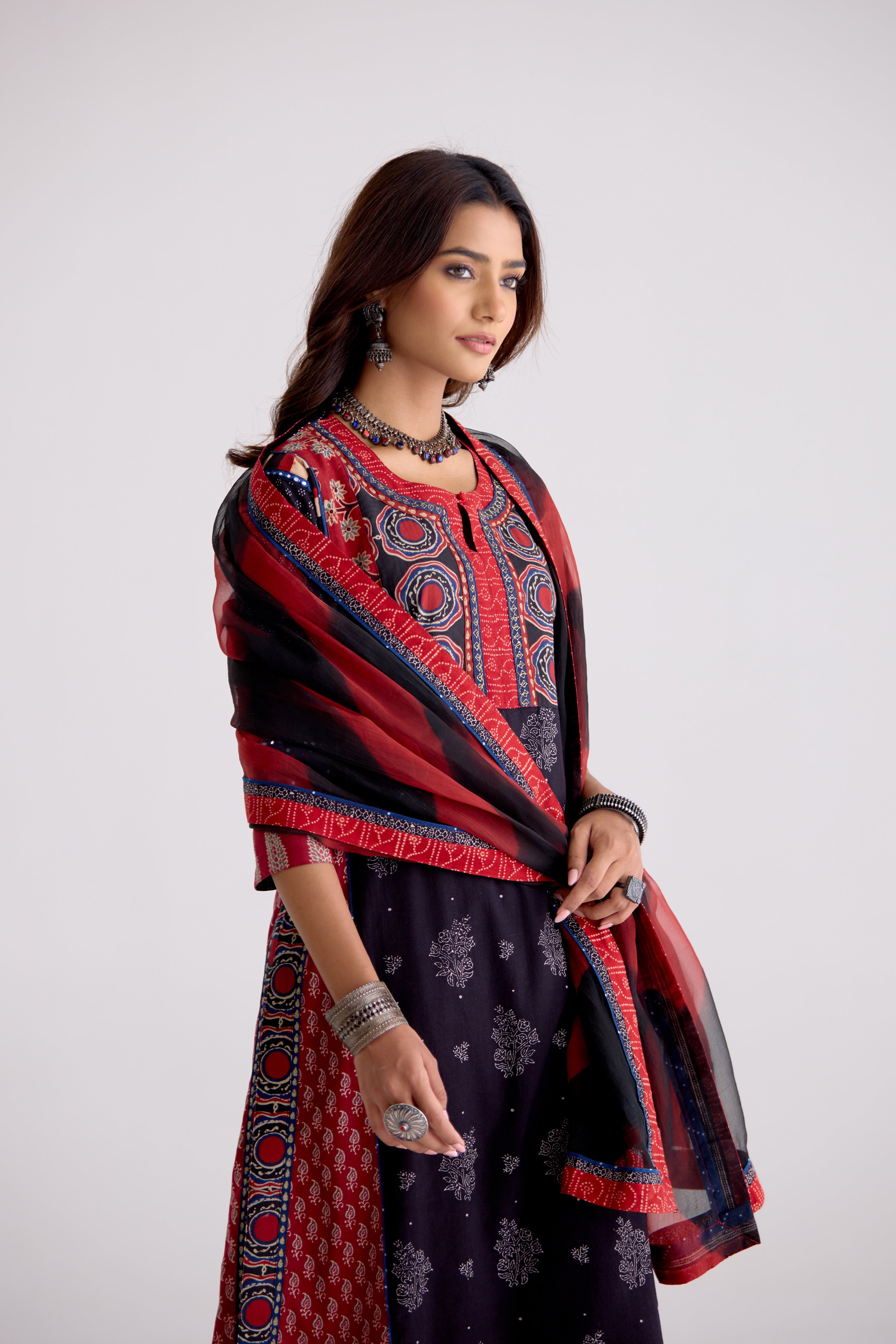 Rozana Cotton Ajrakh Printed Kurta Black (10104282579243)