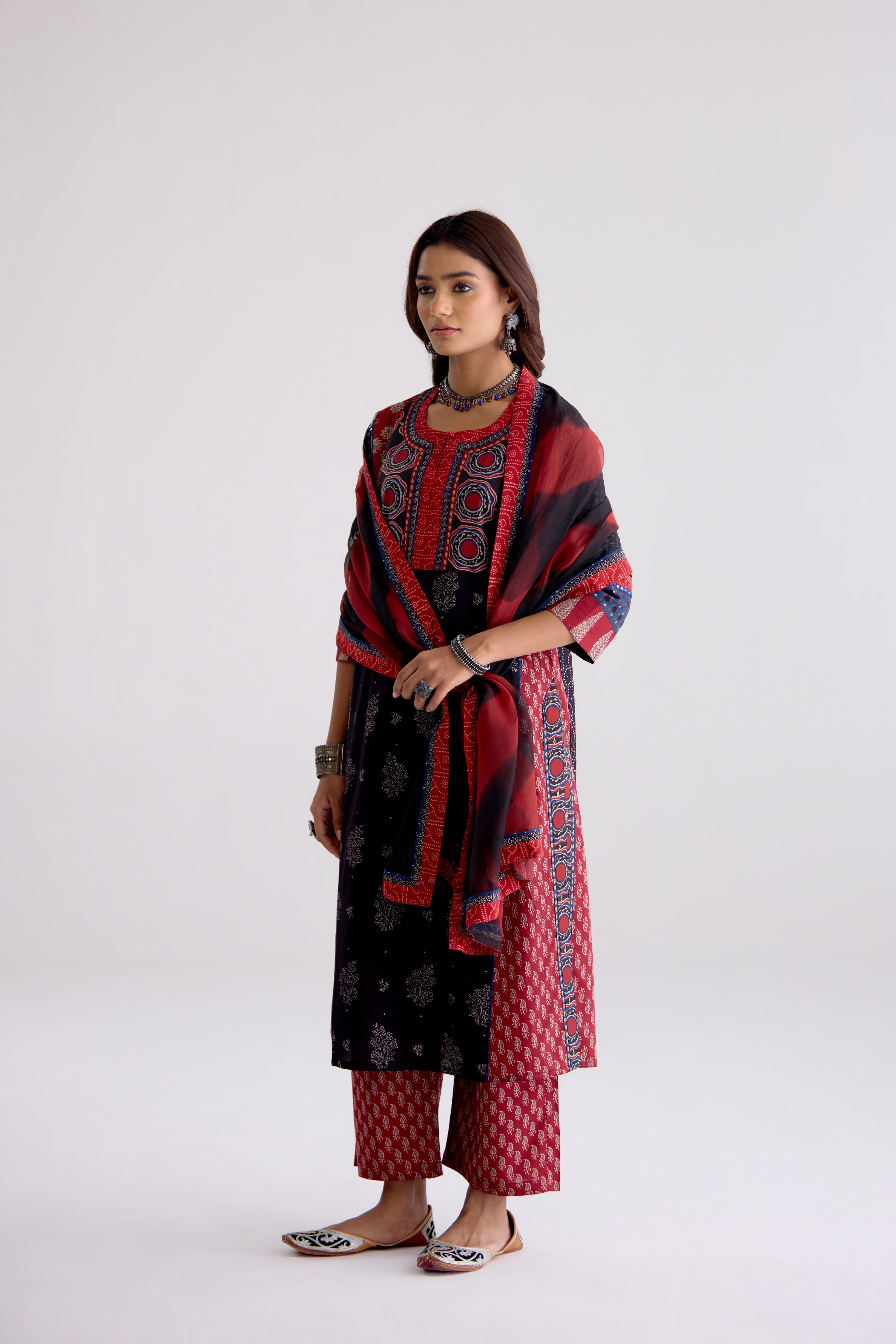 Rozana Cotton Ajrakh Printed Kurta Black (10104282579243)