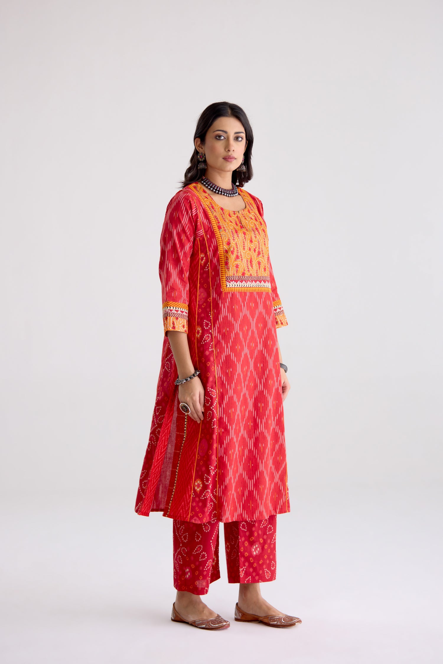 Adya Cotton Slub Ikkat Printed Kurta Red (10105509904683)