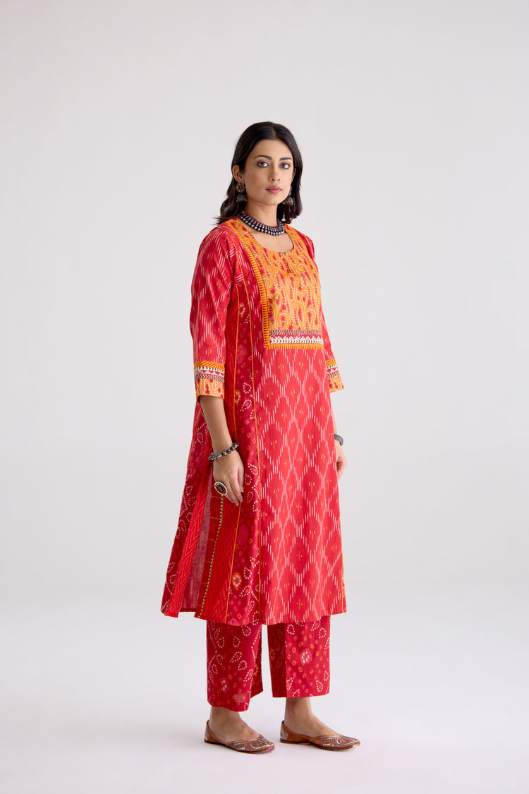 Adya Cotton Slub Ikkat Printed Kurta Red (10105509904683)