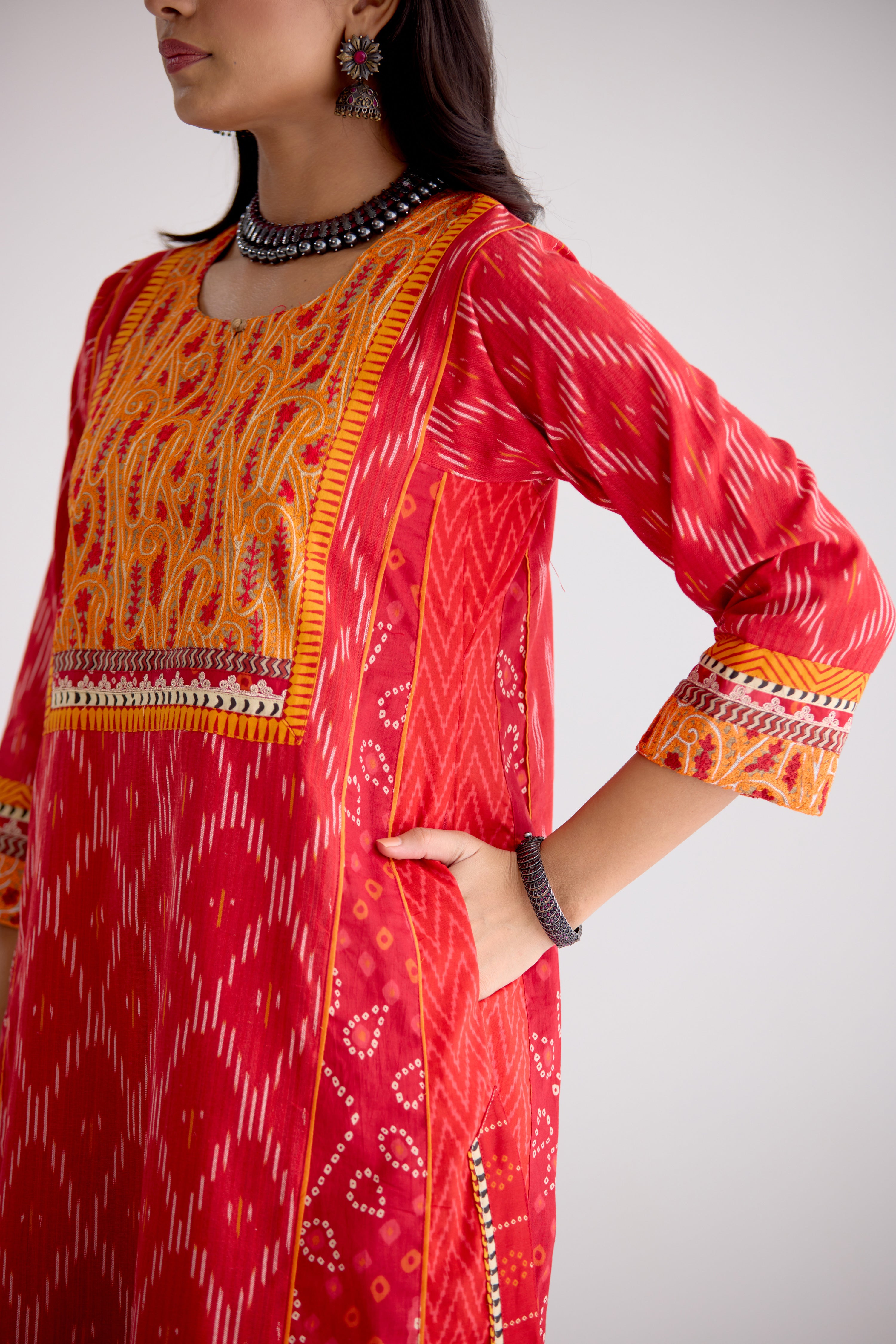 Adya Cotton Slub Ikkat Printed Kurta Red (10105509904683)