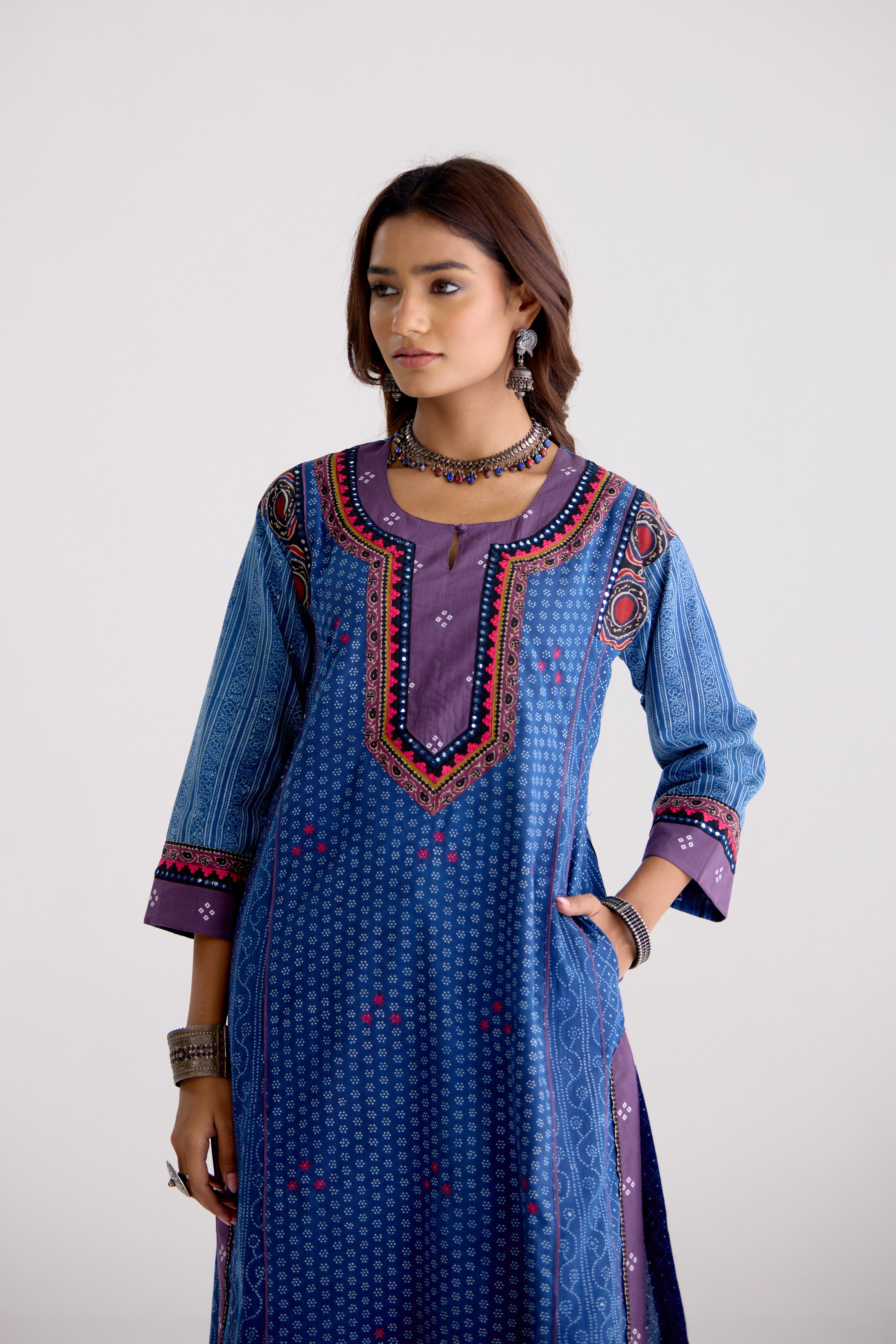 Adya Cotton Embroidered Ajrakh Printed Kurta Blue (10105485066539)