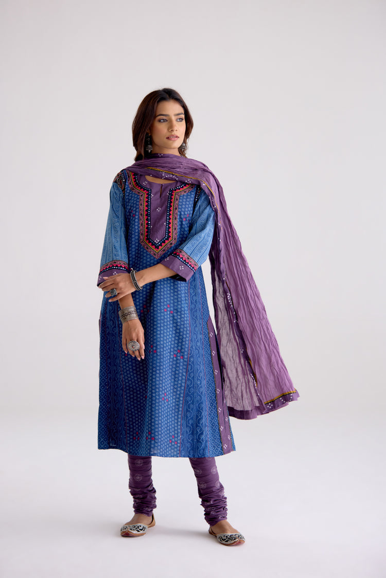 Adya Cotton Embroidered Ajrakh Printed Kurta Blue (10105485066539)