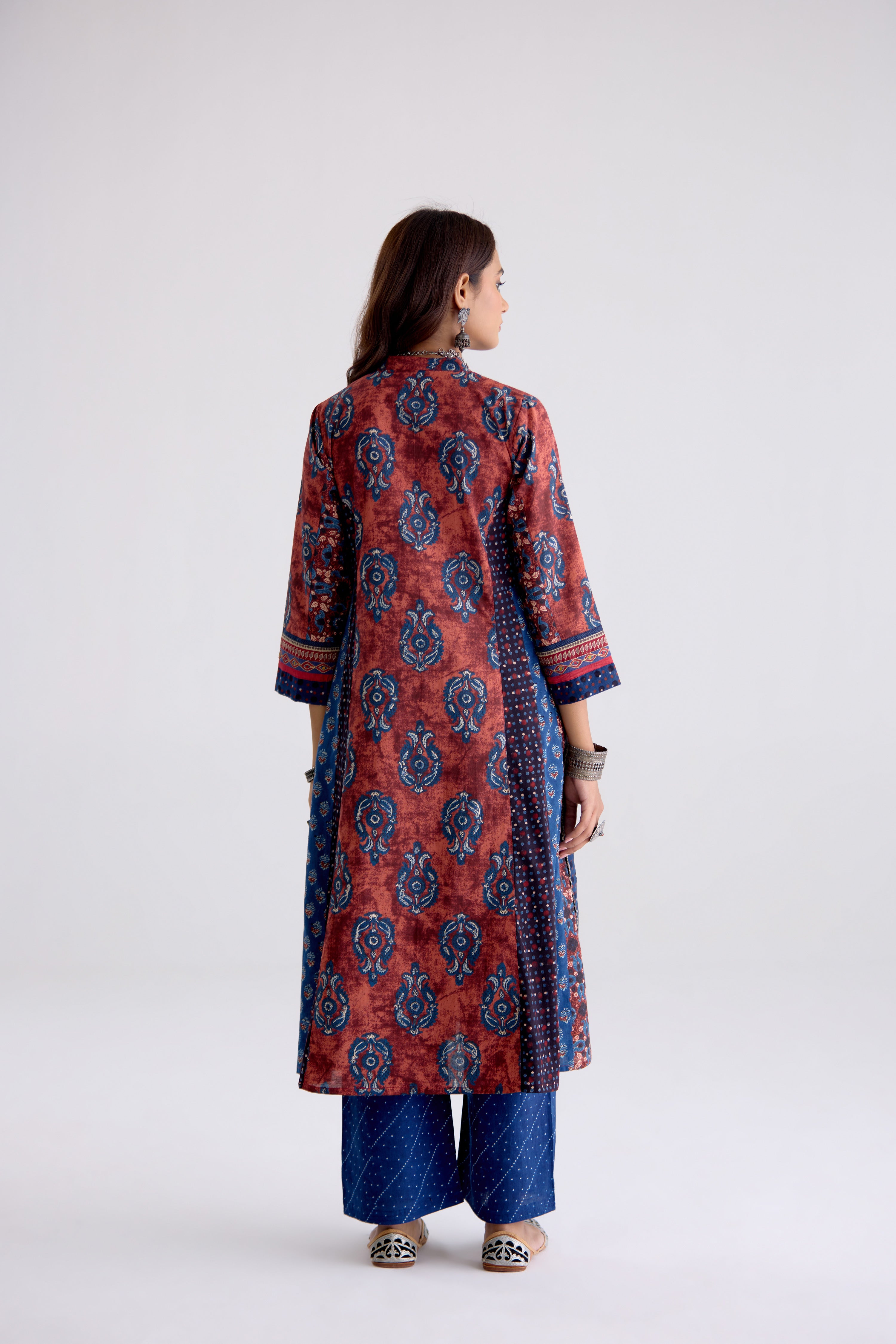 Anarkali Collar Cotton Printed Kurta Rust Blue (10104808309035)