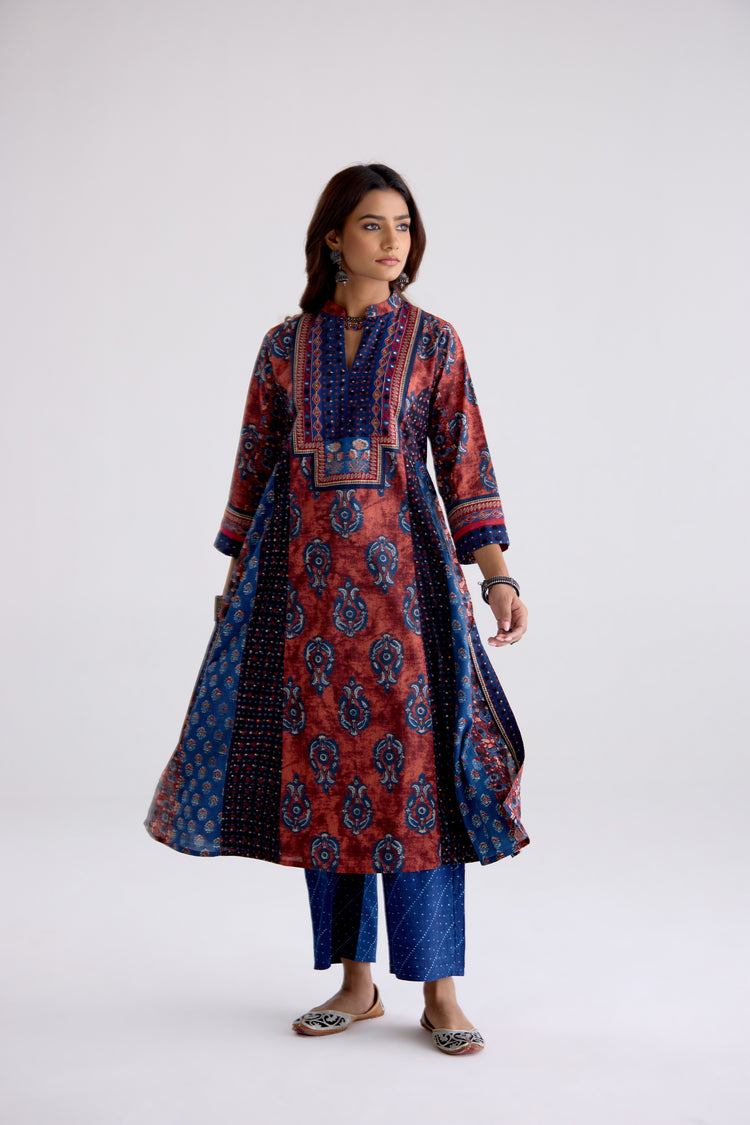 Anarkali Collar Cotton Printed Kurta Rust Blue (10104808309035)