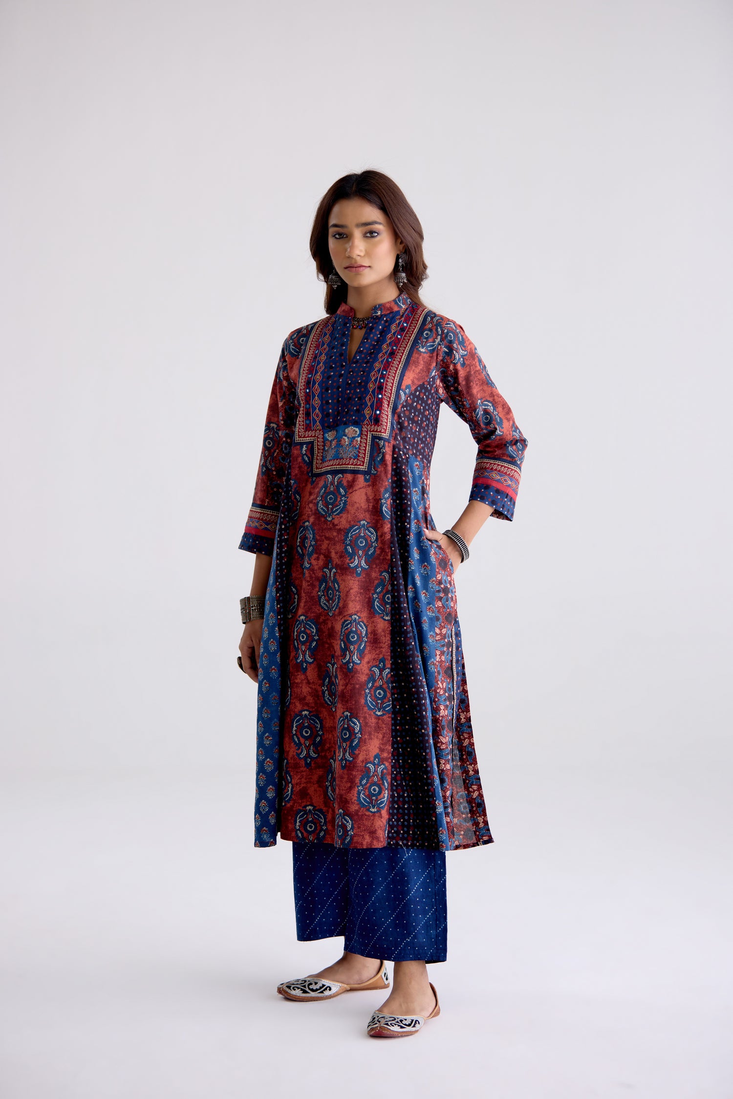 Anarkali Collar Cotton Printed Kurta Rust Blue (10104808309035)