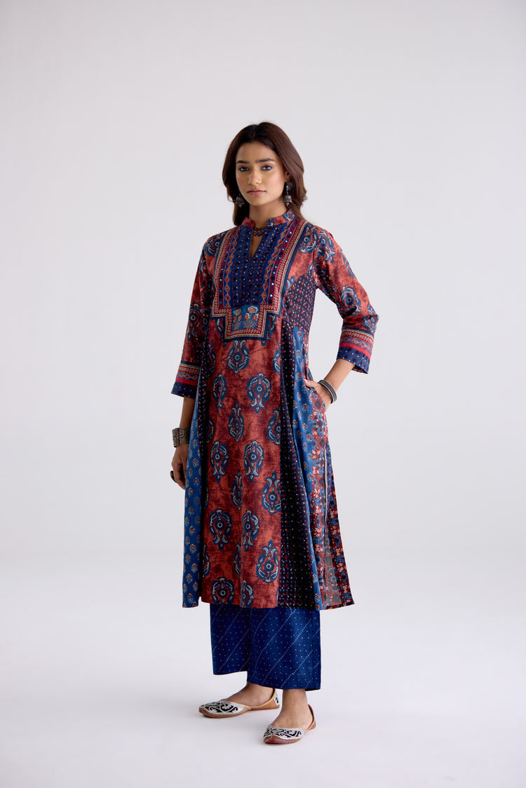 Anarkali Collar Cotton Printed Kurta Rust Blue (10104808309035)