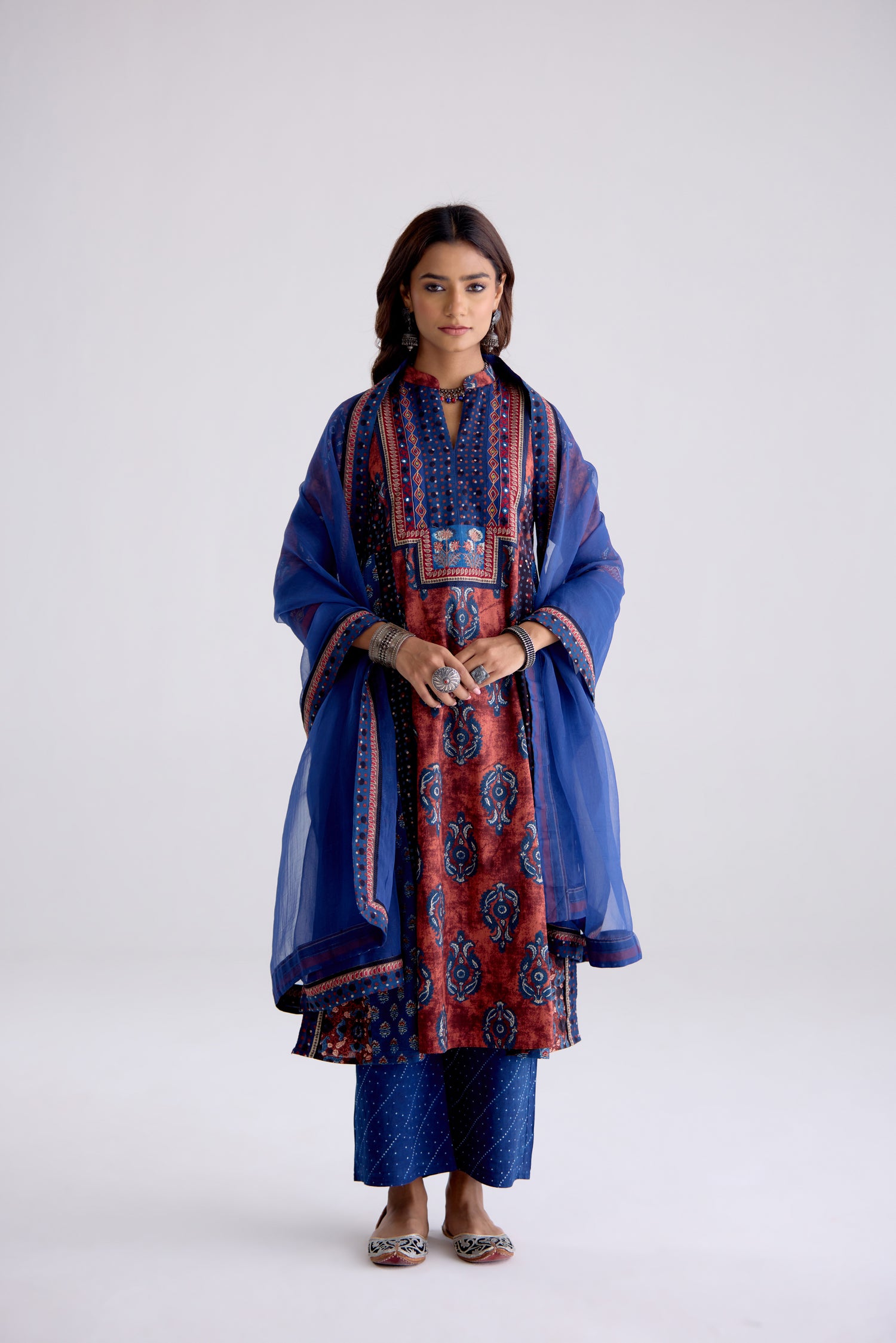 Anarkali Collar Cotton Printed Kurta Rust Blue (10104808309035)