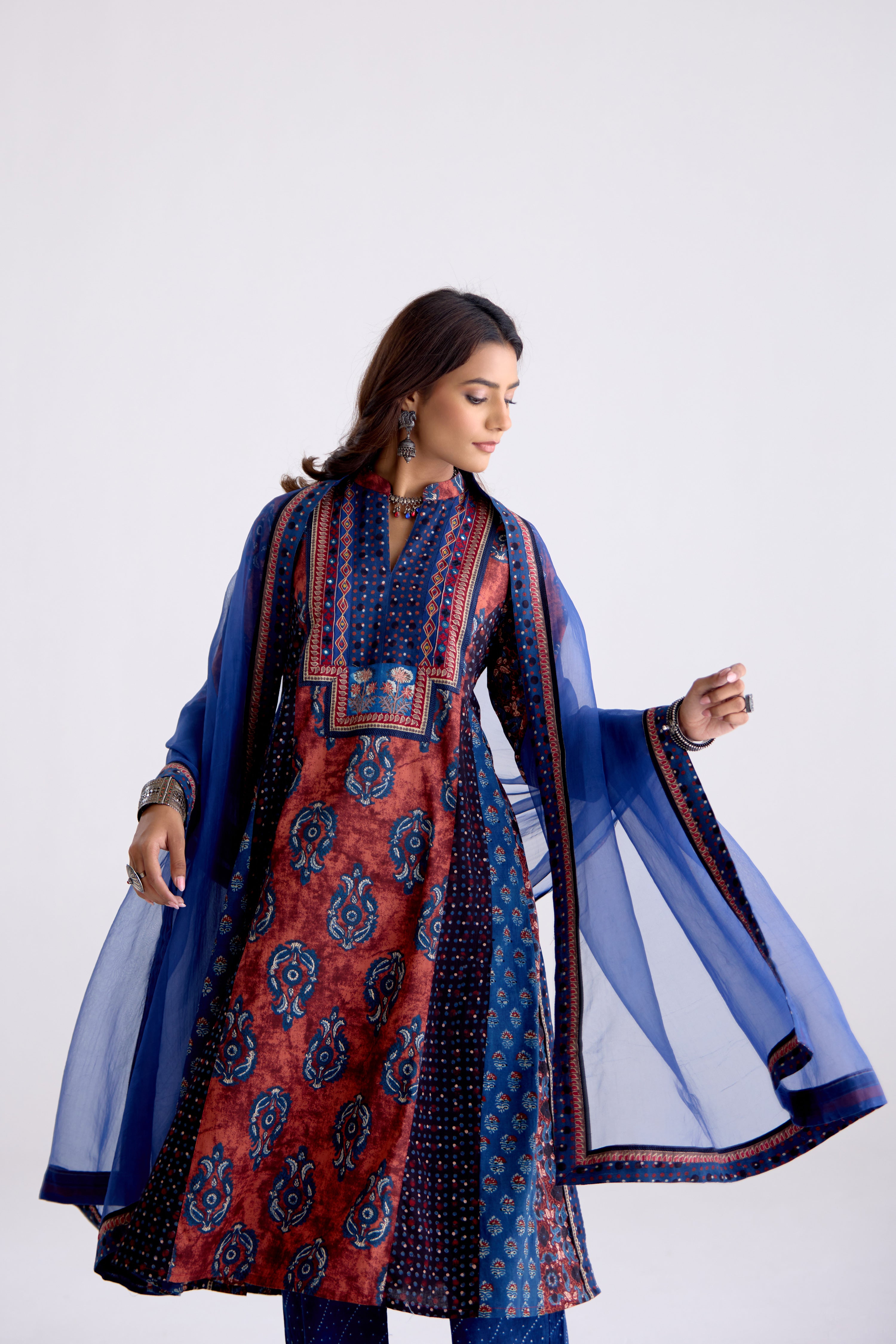 Anarkali Collar Cotton Printed Kurta Rust Blue (10104808309035)