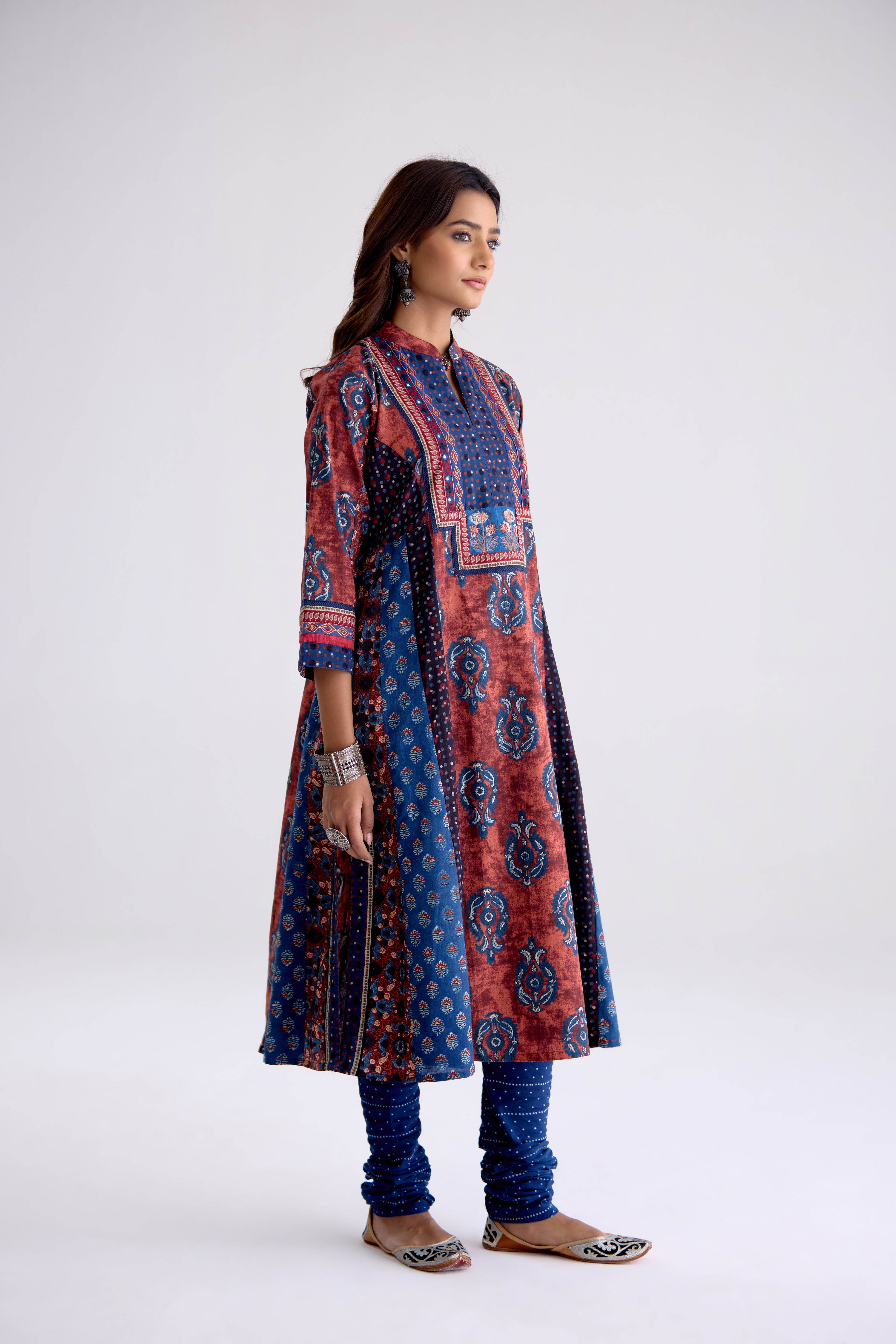 Anarkali Collar Cotton Printed Kurta Rust Blue (10104808309035)