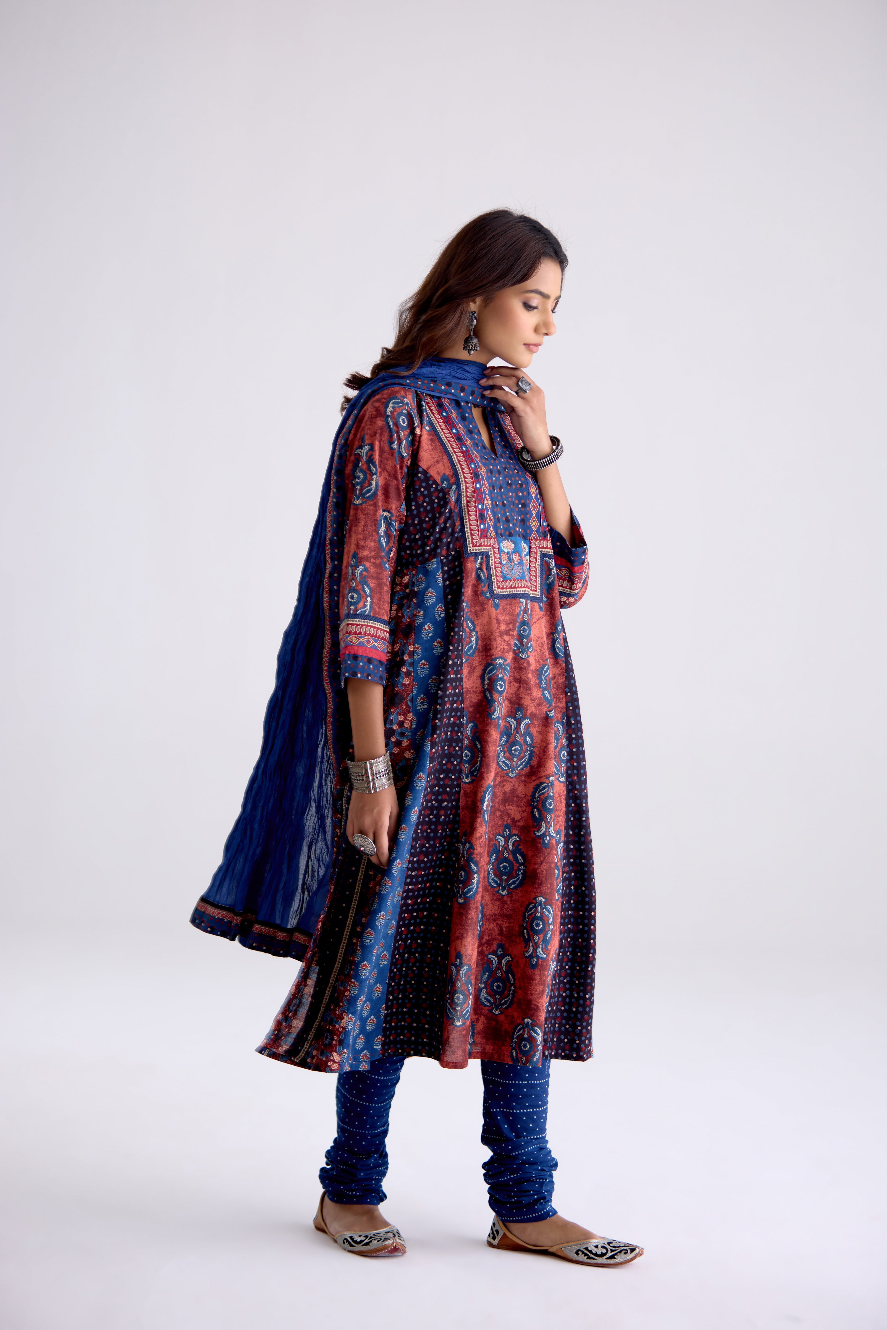 Anarkali Collar Cotton Printed Kurta Rust Blue (10104808309035)