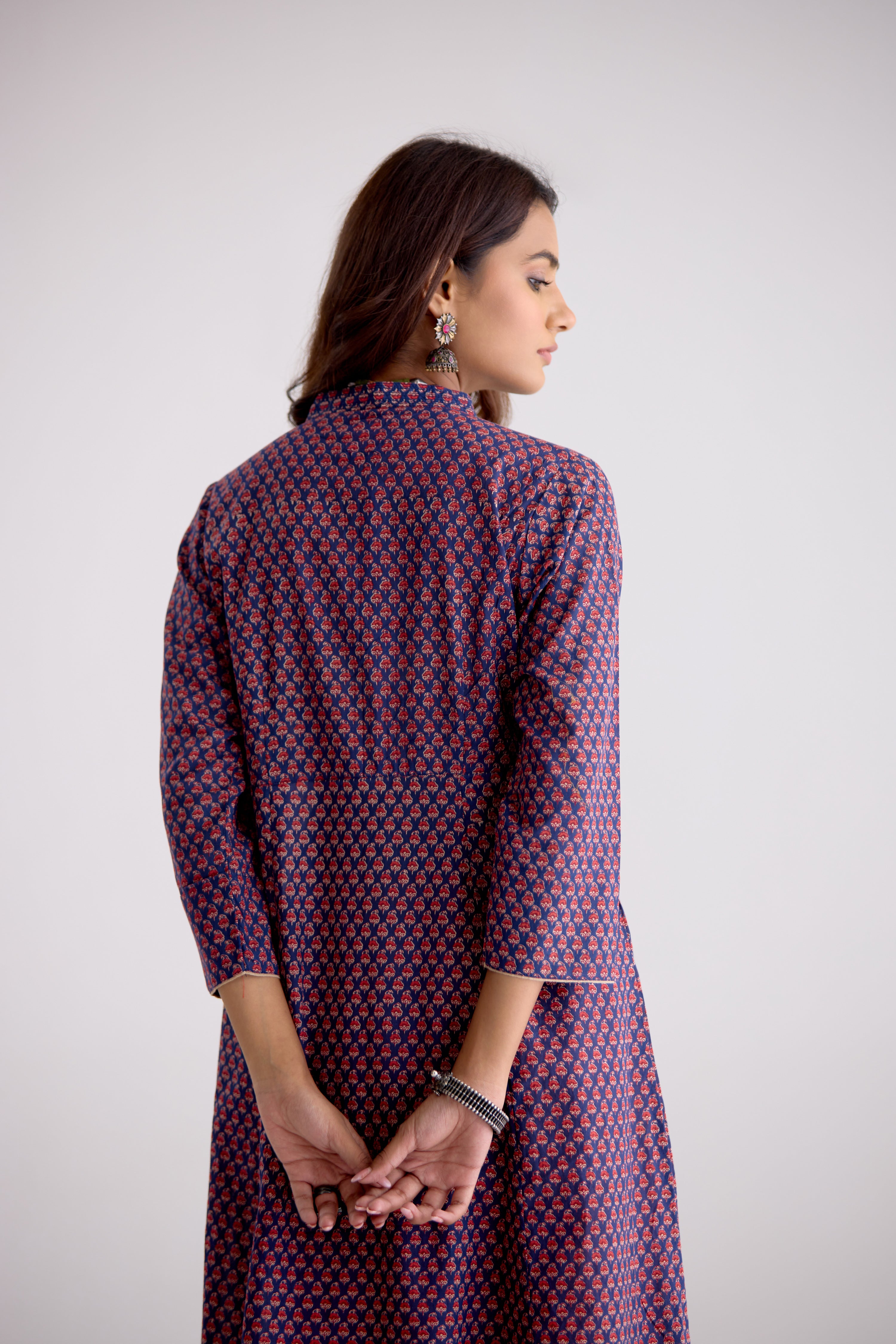 Neera Cotton Printed Embroidered Kurta Blue Pink (10106182009131)