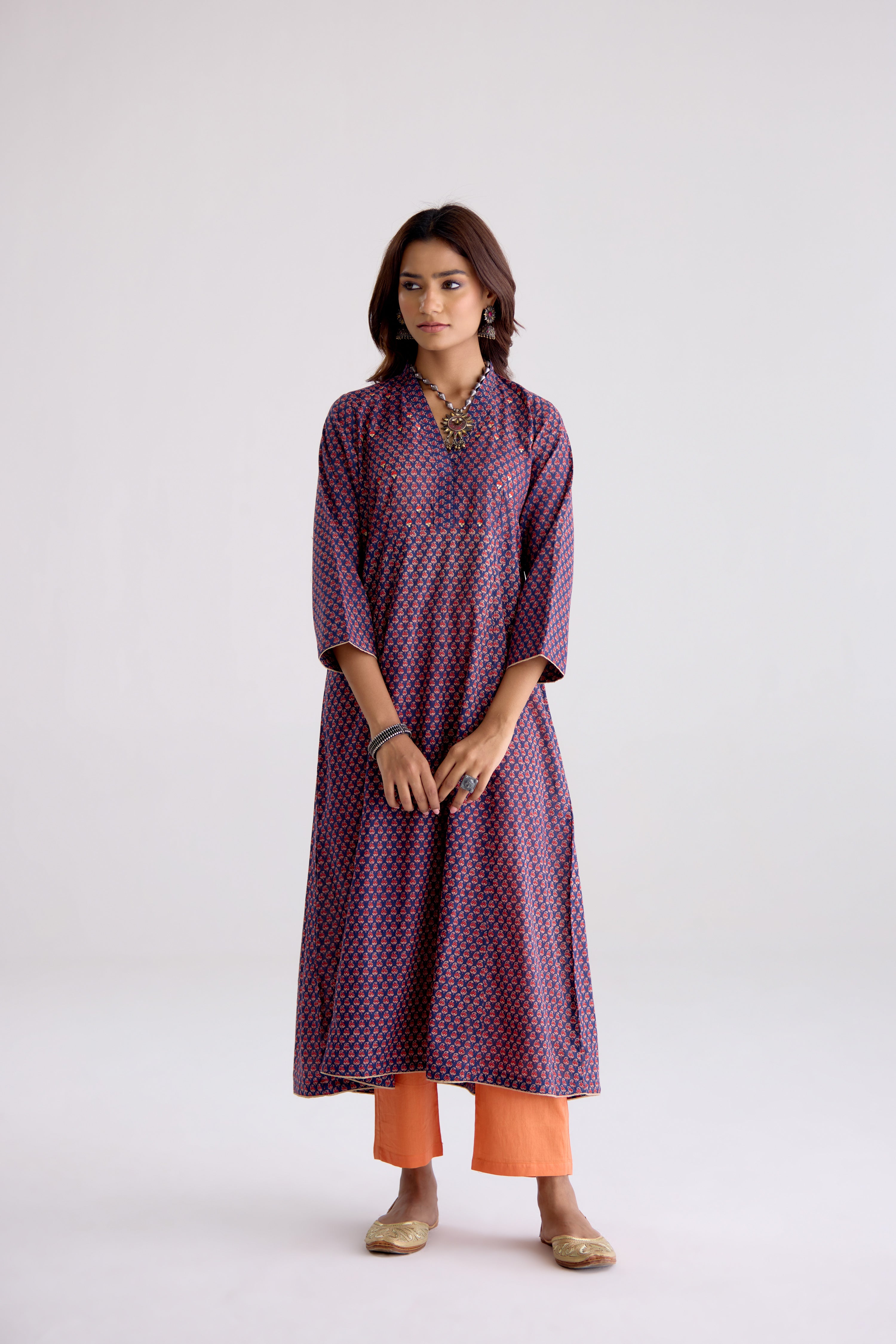 Neera Cotton Printed Embroidered Kurta Blue Pink (10106182009131)