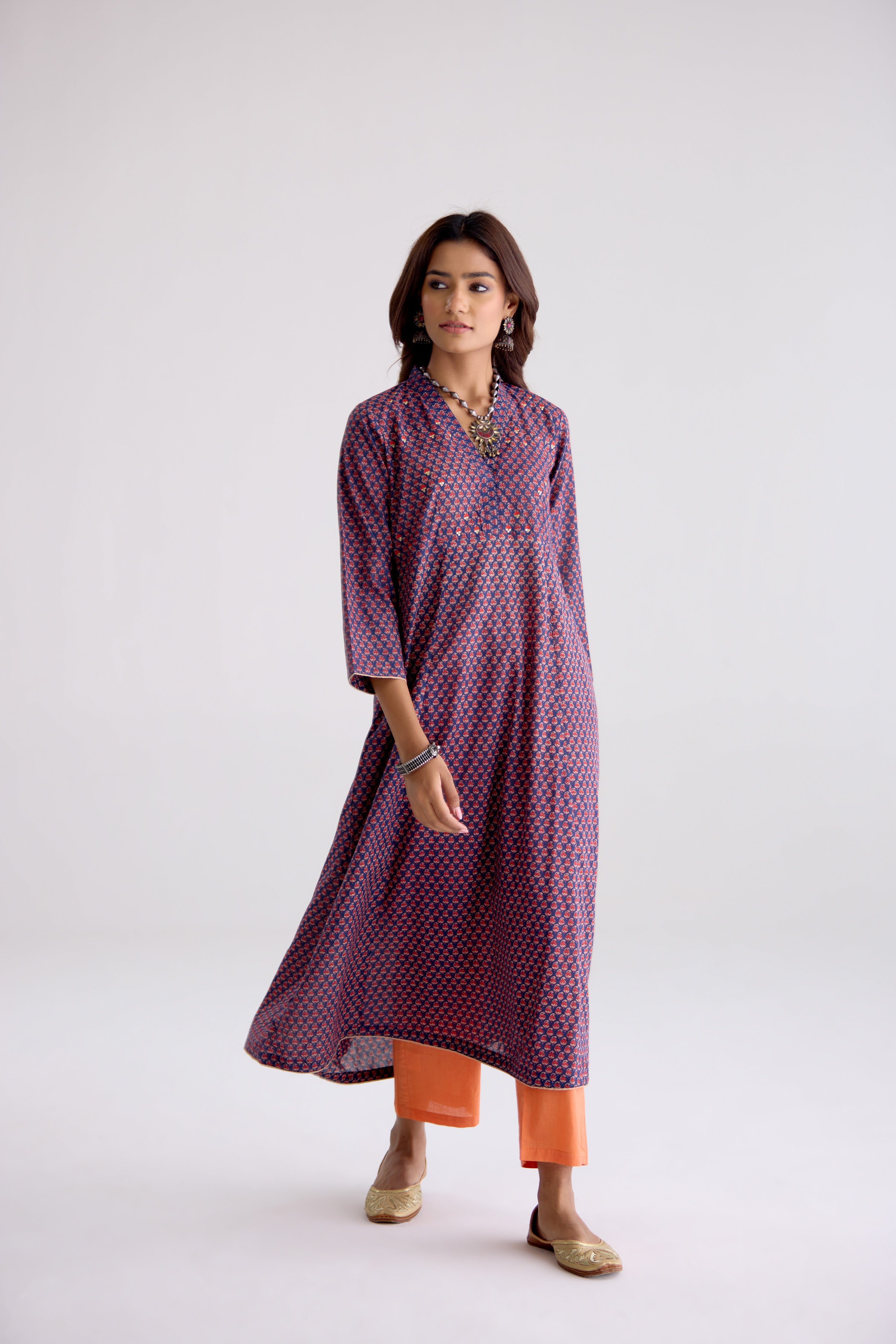 Neera Cotton Printed Embroidered Kurta Blue Pink (10106182009131)