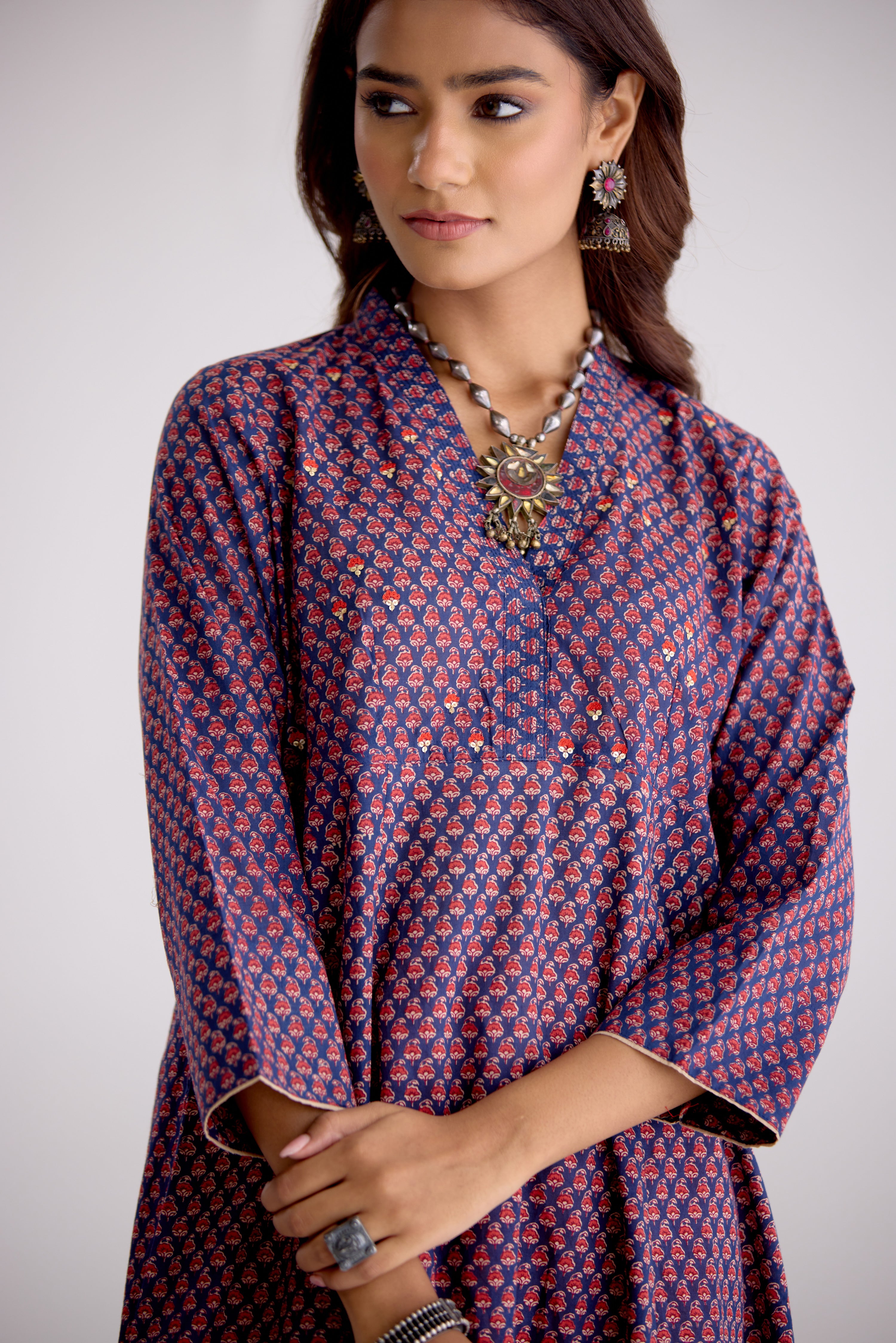 Neera Cotton Printed Embroidered Kurta Blue Pink (10106182009131)