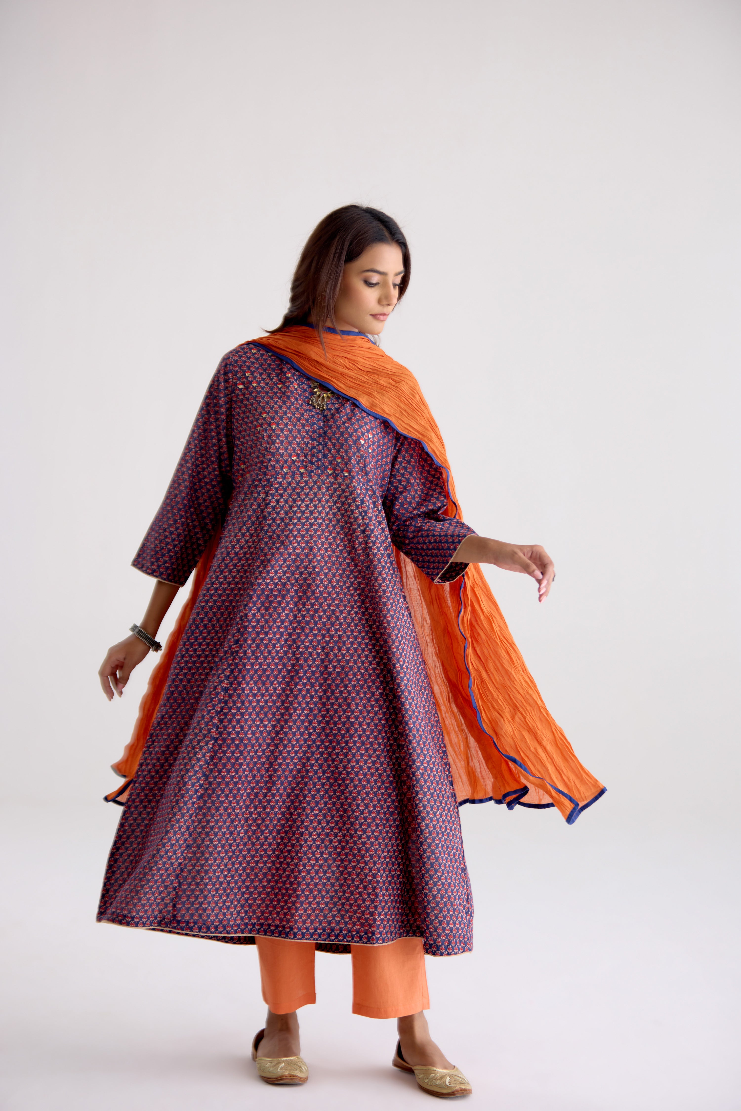 Neera Cotton Printed Embroidered Kurta Blue Pink (10106182009131)