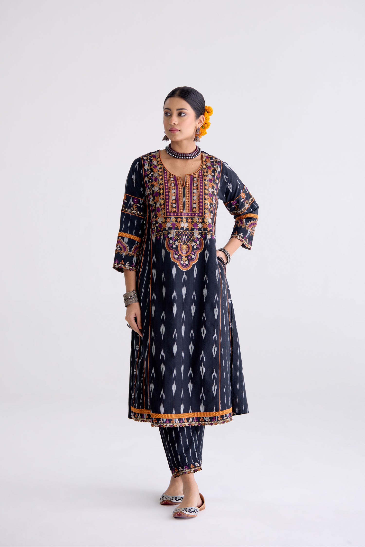 Madhu Cotton Slub Embroidered Ikkat Printed Kurta Black (10105651101995)