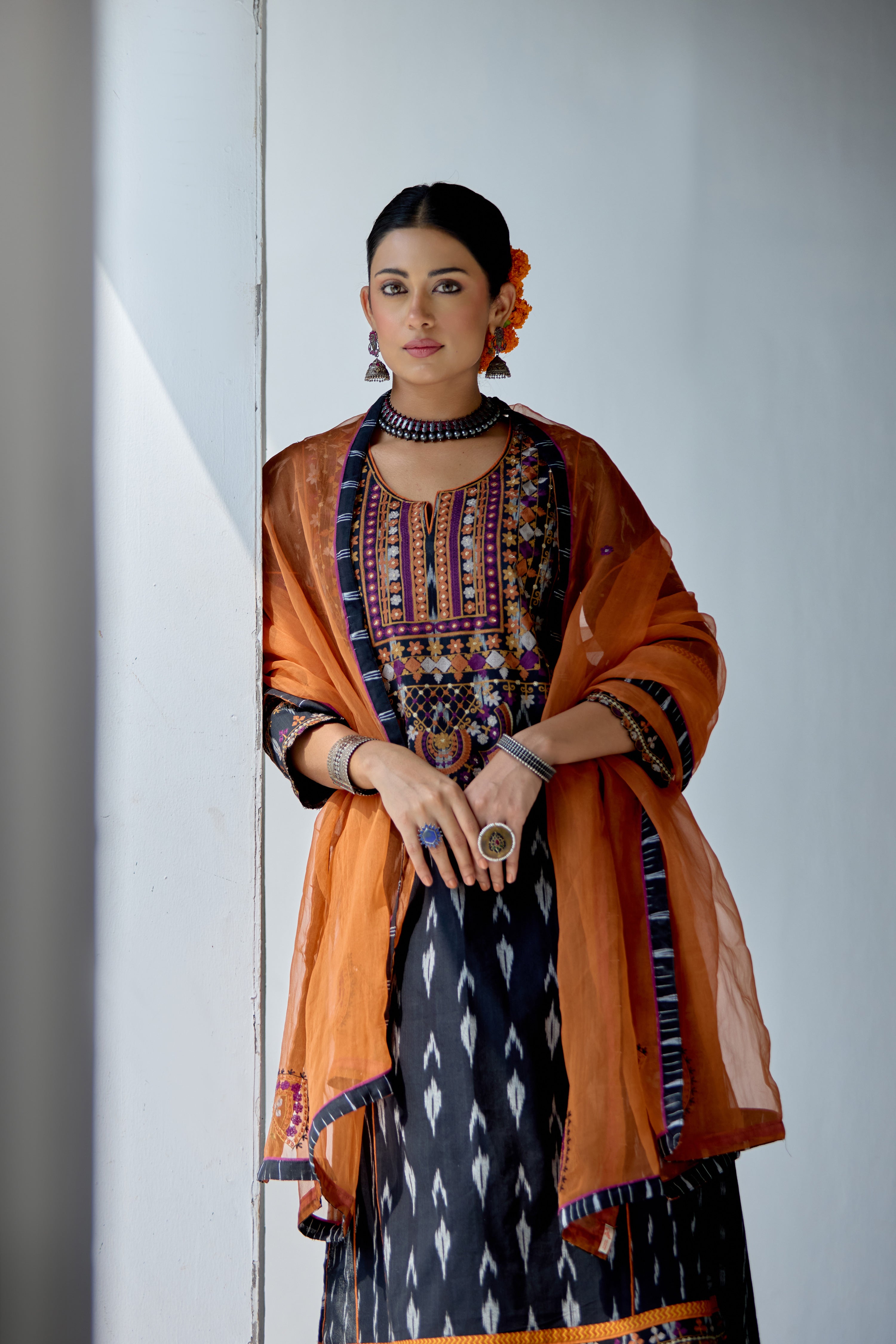 Madhu Cotton Slub Embroidered Ikkat Printed Kurta Black (10105651101995)
