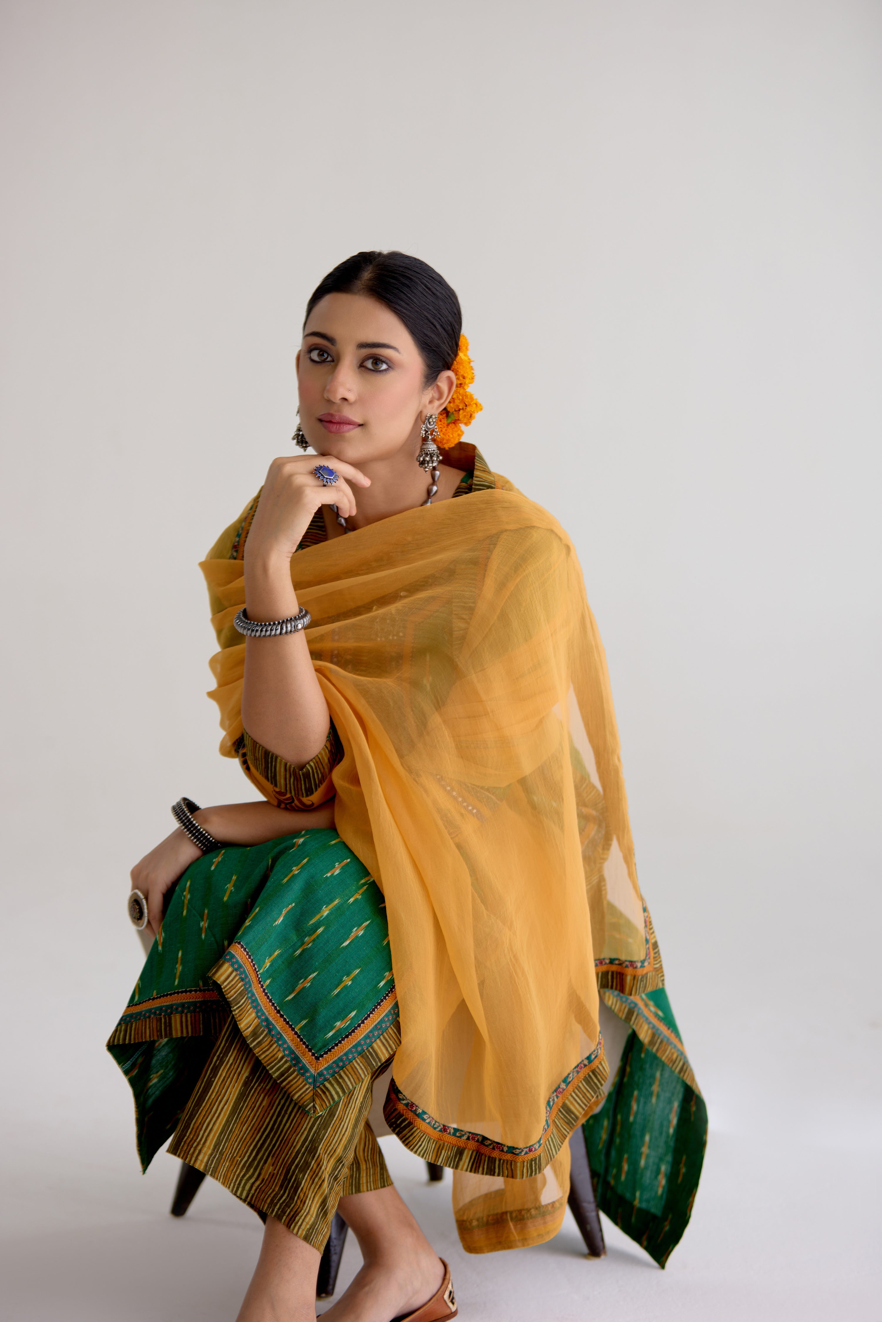 Anu Cotton Slub Ikkat Printed Kurta Green (10104442781995)