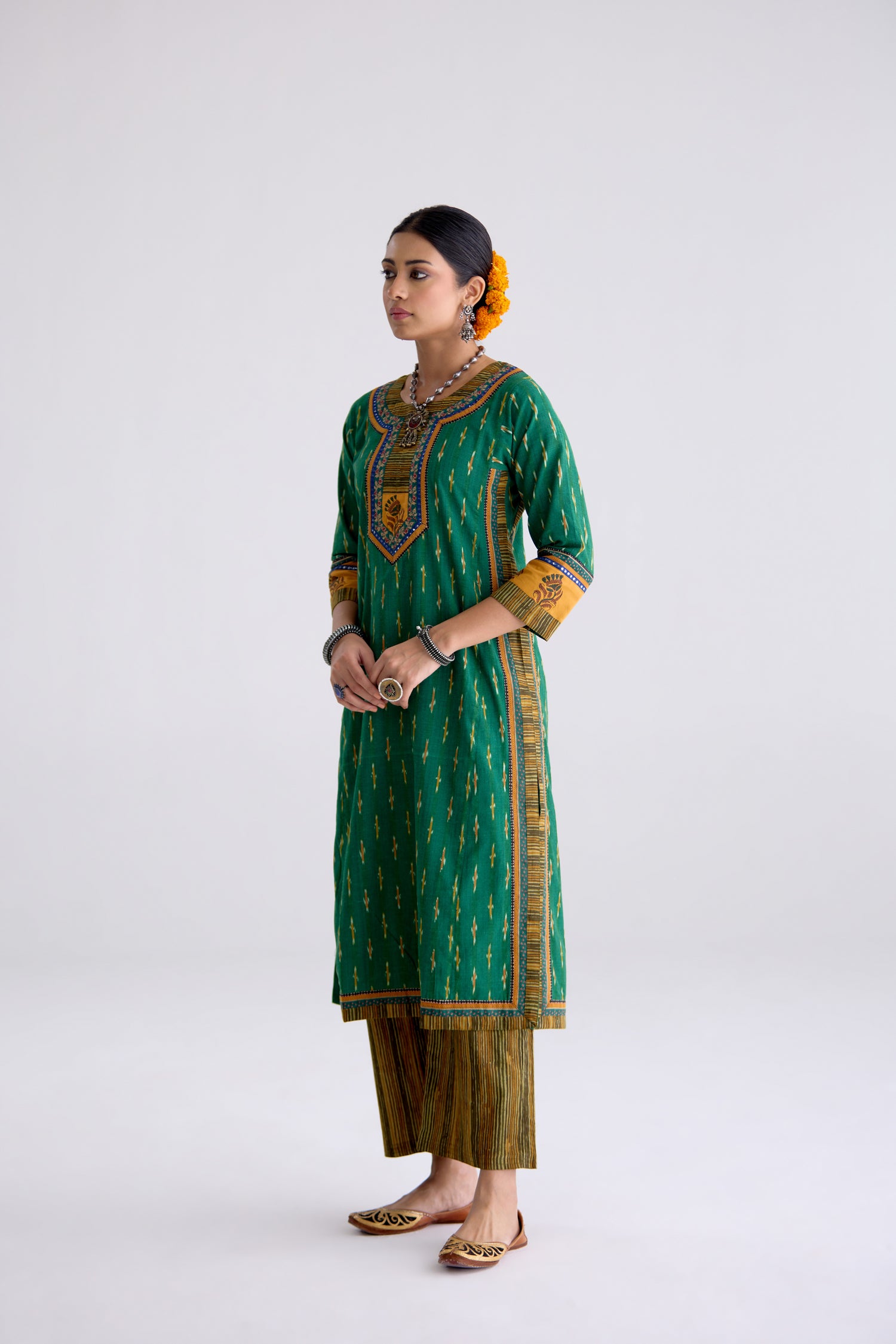 Anu Cotton Slub Ikkat Printed Kurta Green (10104442781995)