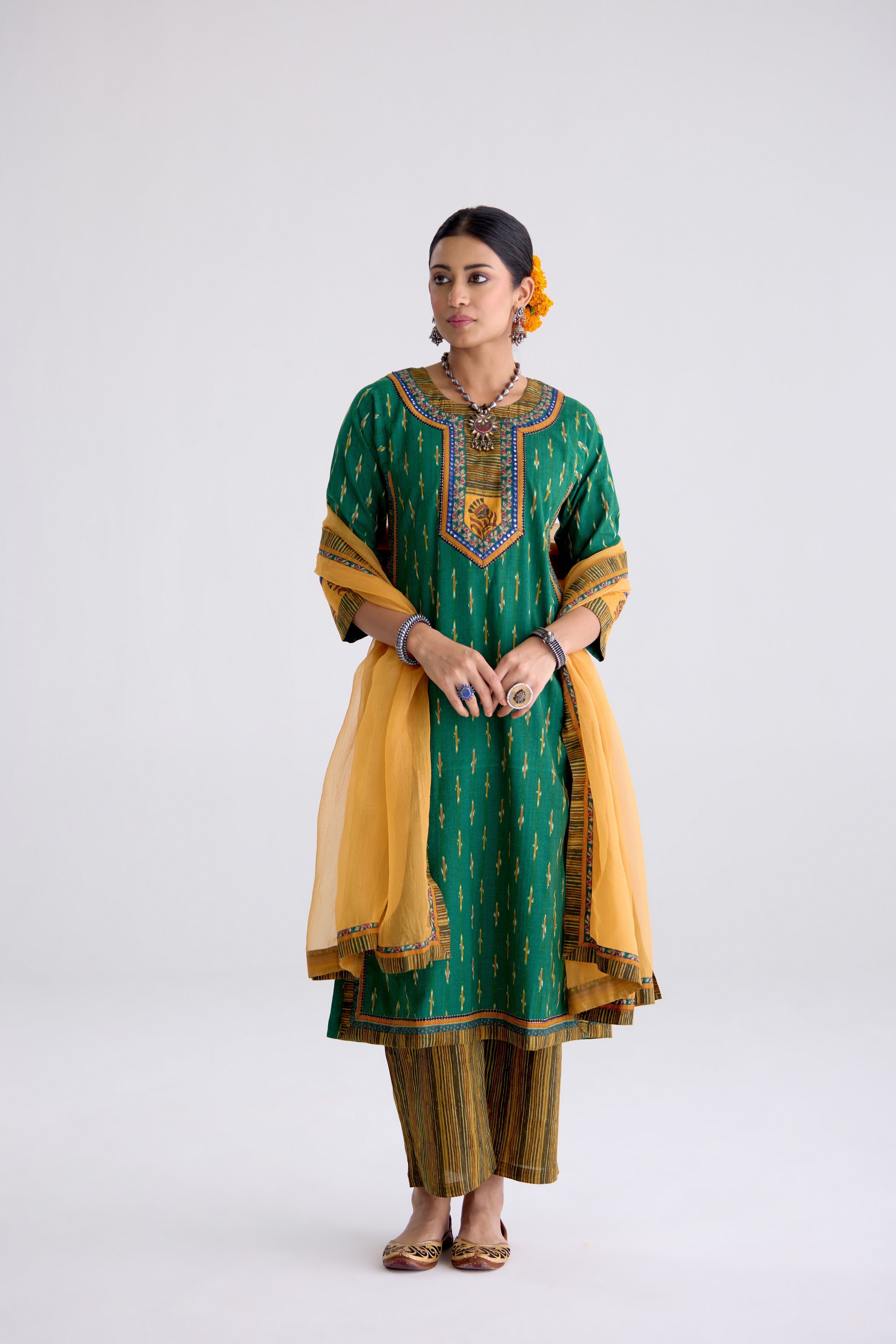 Anu Cotton Slub Ikkat Printed Kurta Green (10104442781995)