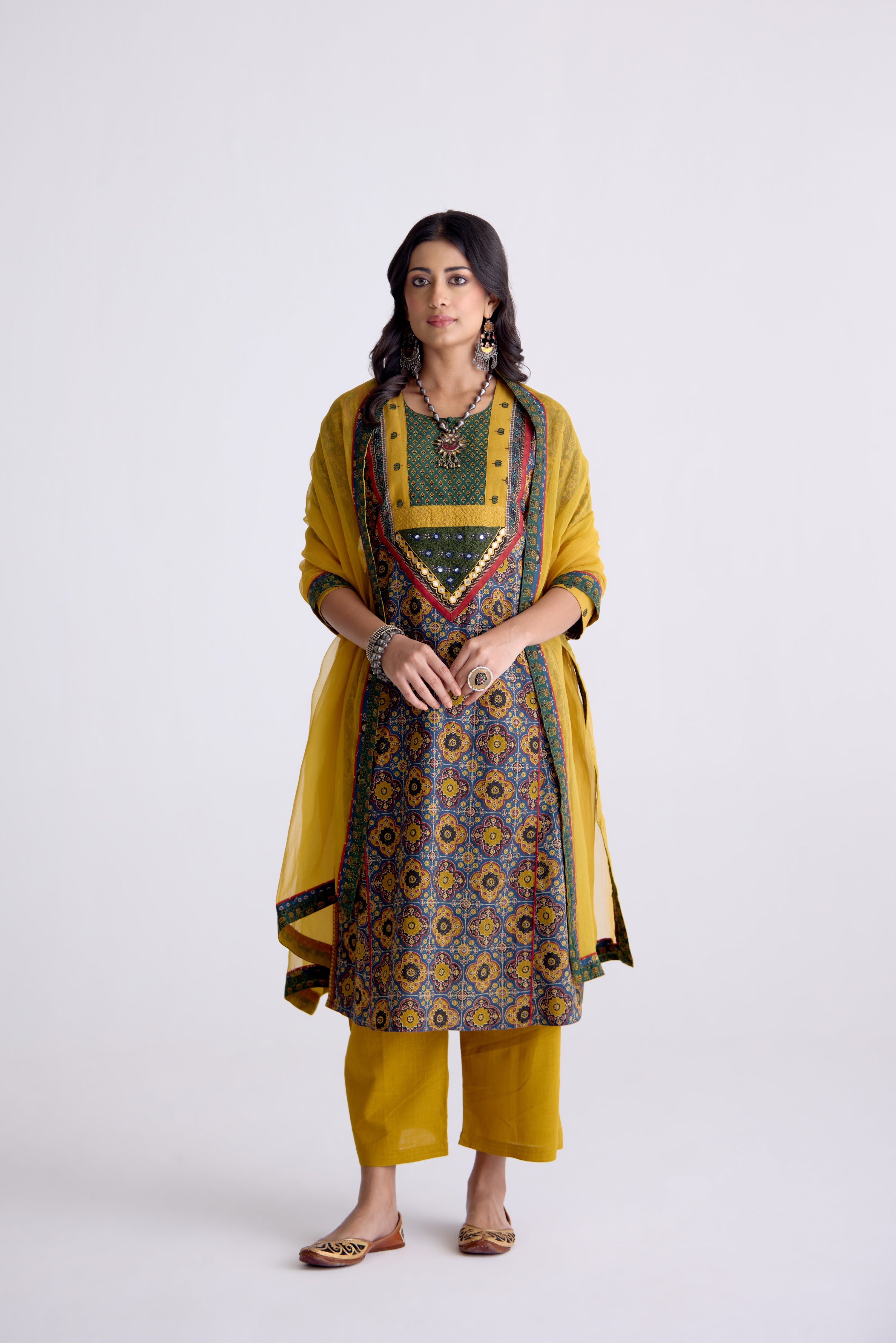 Devi Cotton Embroidered Kurta Blue Mustard (10104259608875)