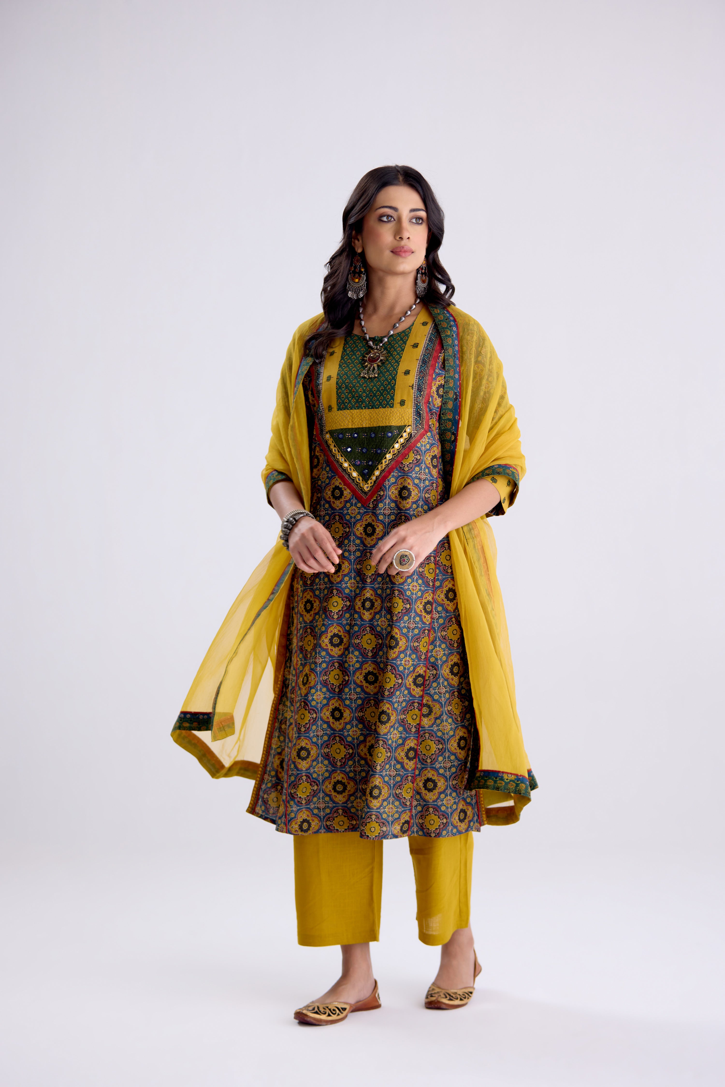 Devi Cotton Embroidered Kurta Blue Mustard (10104259608875)