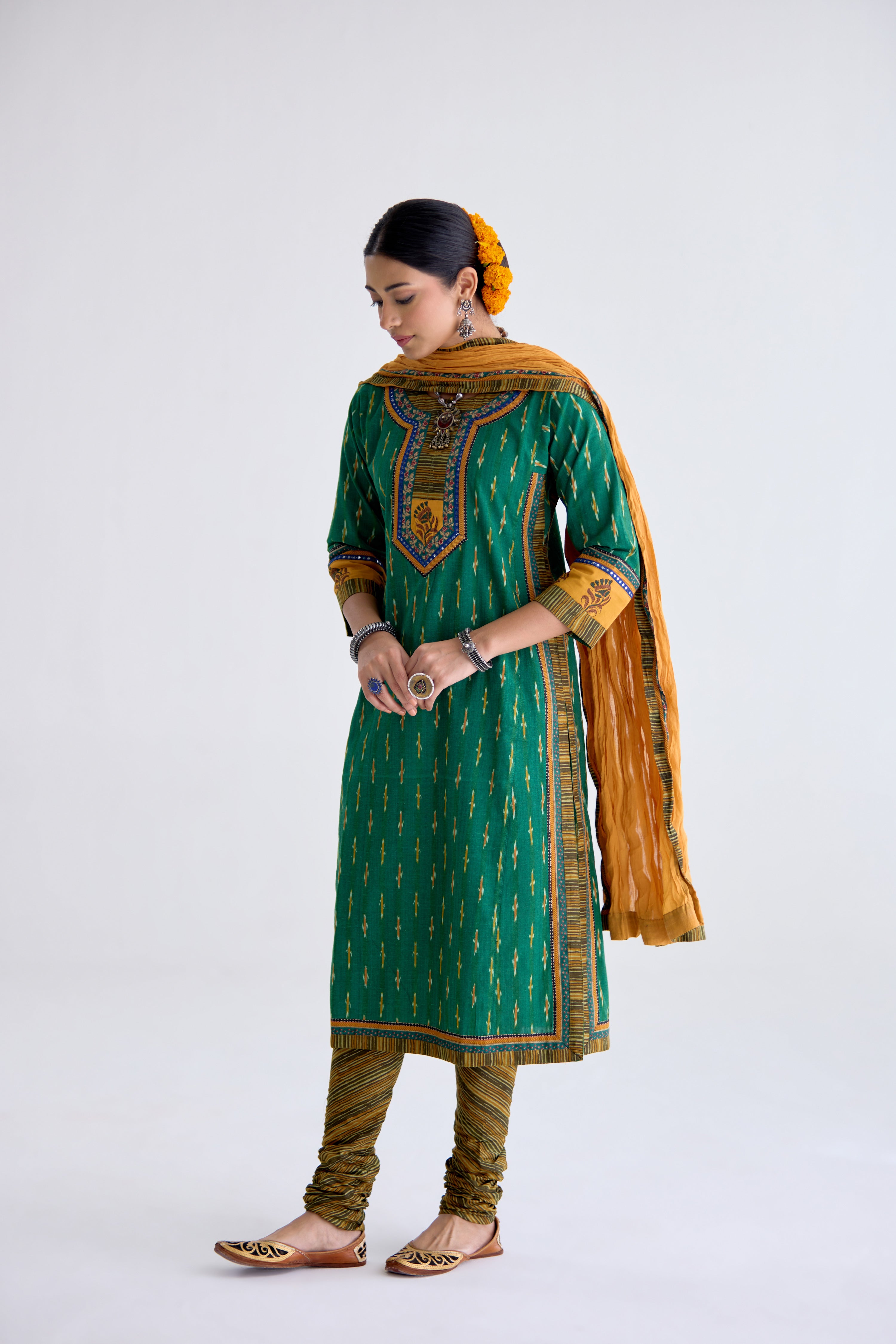 Anu Cotton Slub Ikkat Printed Kurta Green (10104442781995)